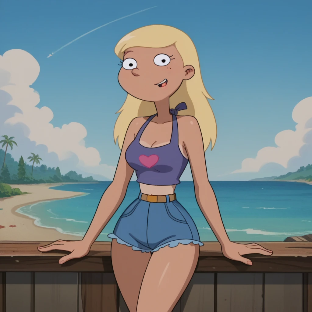 Hollywood movie motion capture picture of cosplay model, beautiful 26 year old niji woman in skimpy rainbow bikini swimsuit lying on a blanket on sandy beach on seacoast with sunset and palm trees in the background, 
(looking at viewer:1.2), long light blonde hair tied in ponytail, realistic hair, ((blue eyes)), detailed pupils, (long shot:1.2), slim body, small breasts, flatchested, perfect teeth, happy face, cocky facial expression, 
masterpiece, absurdres, portrait, detailed skin texture, detailed eyes, full lips, Artistic photo , ultra sharp, film, bokeh, (high quality), 4k, <lora:M_niji_XL:0.8>,