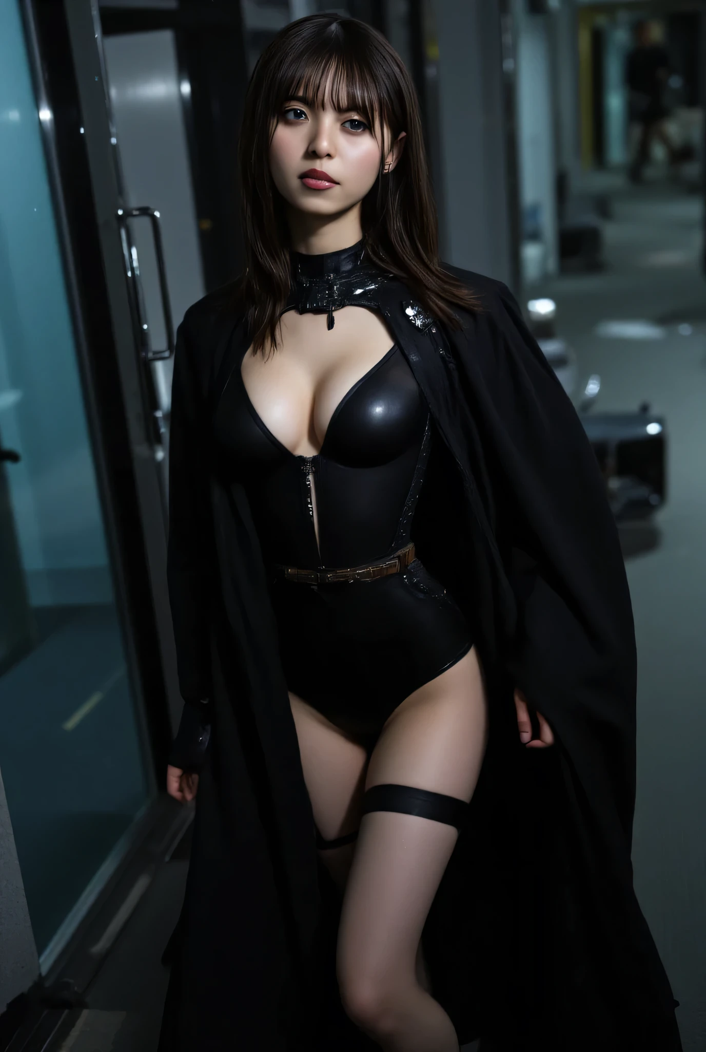 (best quality,ultra-detailed,realistic:1.37), digital illustration, (sexy woman wearing a batman costume), detailed eyes and face, beautiful detailed lips, red lips, sexy body, big breasts,long eyelashes, big breasts:1.5, Close-up photo, woman wearing a batman costume, long hair, ((Take a photo from below the thigh)),vibrant colors, dramatic lighting, comic book style, woman wearing a batman costume, position:standing, seductive pose, skyscraper background, view dark sky, tall buildings