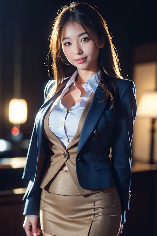 (highest quality, masterpiece:1.3, 超A high resolution), (Very detailed, Caustics), (Realistic:1.4,RAW shooting,)Ultra-Realistic Capture,Very detailed,High resolution 16k, Human skin close-up, The skin texture is natural, It must be detailed enough to be easily identifiable.。 Skin should look healthy and have an even tone。 Use natural light and color, ((Dark blue business suit:1.4)), ((the body is slim)), girl, Japanese, 18-year-old, cute, Long Hair, Big Breasts, smile, Turn your body forward, (View from the front:1.1), Looking into the camera, Cowboy Shot, focused on the chest, Light brown hair, ((Black choker)), very long, Lots of very long eyelashes, blue eyes, bangs、Luxury, Marble wall, sofa, ((Herbs in a basket, Luxurious desk, Private room:1.4))