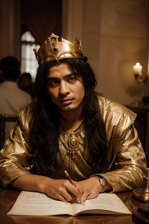 indian king in golden crown on throne