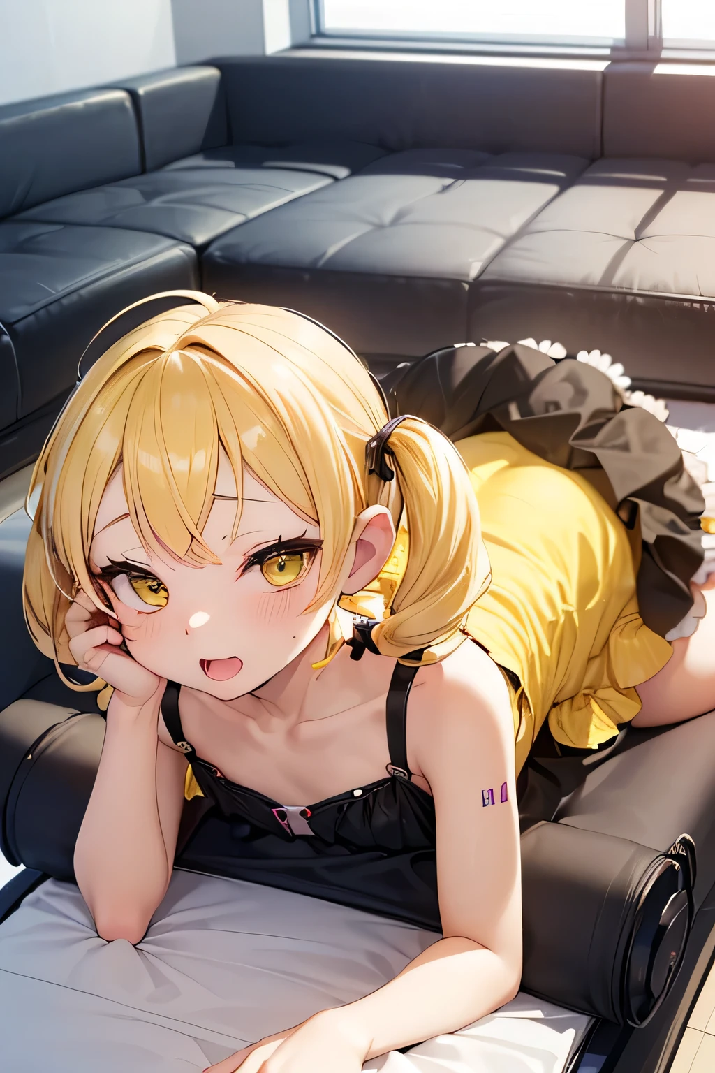 ((Mejor calidad)), ((Obra maestra)), (detallado), cara perfecta, chica tsundere, alegre, divertida y coqueta, sexy lingerie, piel clara, ojos color rojo, pelo naranja oscuro, largo y lacio, mirada traviesa, pechos medianos, firmes y redondos, tiene coletas, lolipop, lying on the floor with a sexy pose showing her crotch