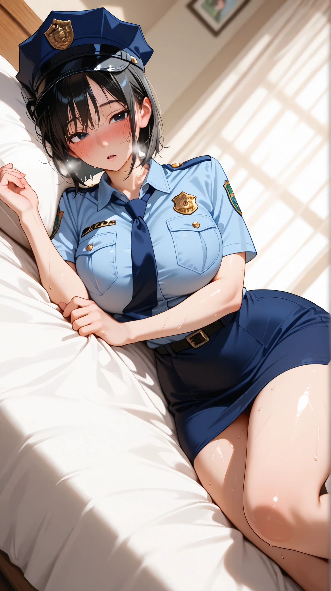 Naked policewoman,Black short hair,gun belt,boots,Watch on wrist,Tears,indoor,painful,Masturbate,Peeing,Above the knee shot,Lying in bed,Ultra-high resolution,16K