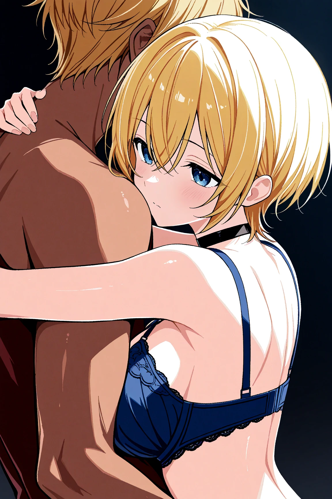 score_9,score_8_up,score_7_up,source anime,
uncensored, ((masterpiece,best quality)), profile, looking at viewer,
kawaii girl, jk, , (completely nude:1.6), perfect cute face, saijo_juri, short blonde hair, (medium breasts:1.2), slender, skinny, (black collar:1.3), (black wrist_cuffs:1.2), chain, blushing, teary-eyed, (crying, tears), drooling, saliva, dark skin male, hetero, ((1man and 1girl,having sex)), deep penetration, deep kissing, entangle the tongue, arms to the back, hug, deep hugging, tied arms, sitting on lap, anal, chain to the neck,indoor, bed room, no windows, night time, (night:1.5),(dark background:1.2),
