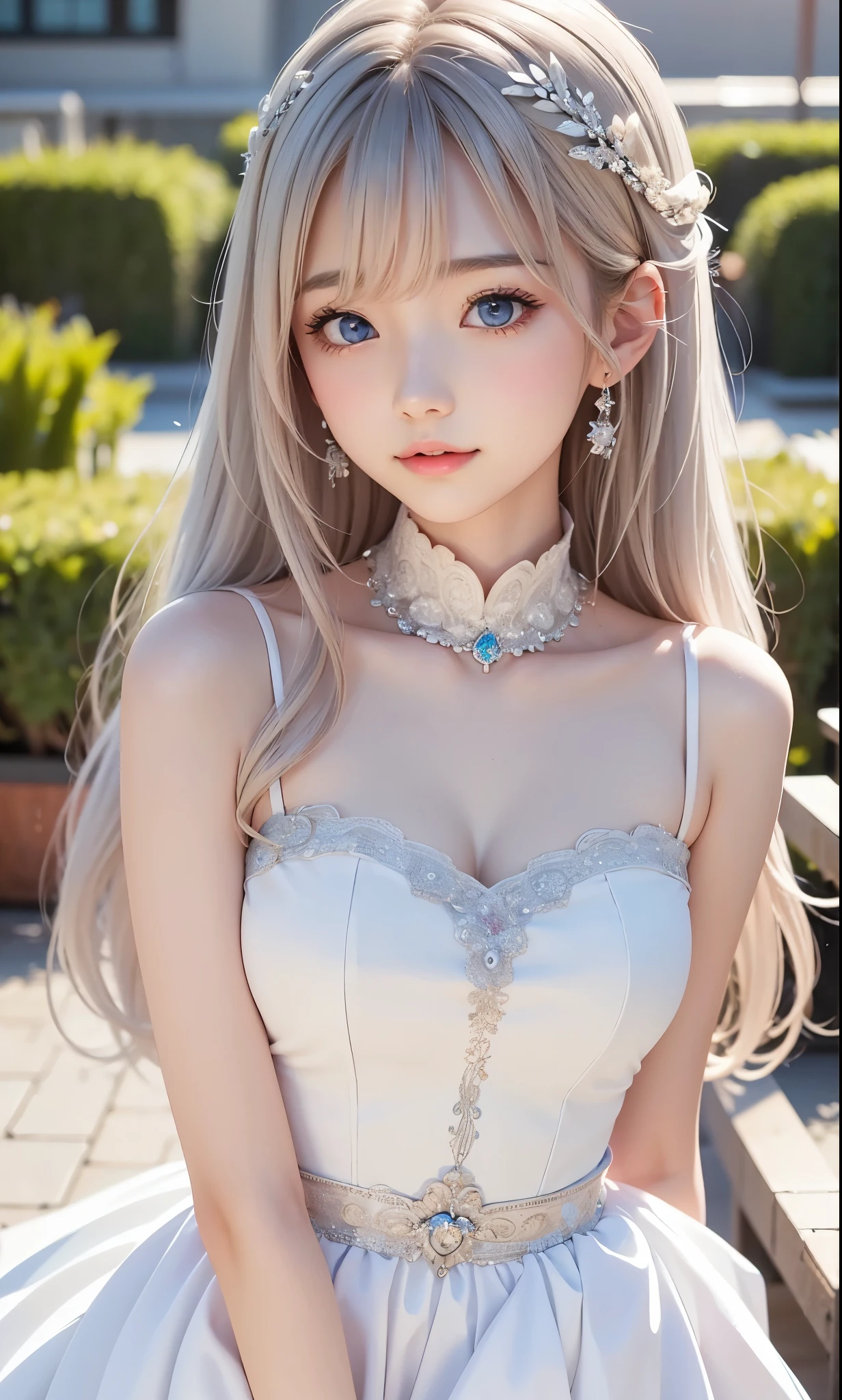 There is a woman in a white dress, artwork in the style of Gwaiz, Gwaiz on pixiv artstation, Gwaiz on artstation pixiv, Gwaiz, Fantasy art style, Gwaiz masterpiece, Beautiful and elegant queen, Beautiful character drawings, Detailed digital anime art, Blonde Princess, princess dress, Gray Hair, Sky blue eyes, Pink Lips, Her outfit is simple yet elegant, cool girl face, beautiful eyes, face type, reika, Tilt her head