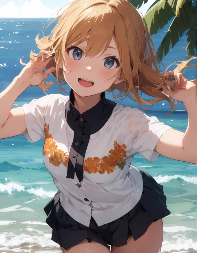 2 girl,10 years old,Girl,,Flat Chest,Colorful Bikinis,Highest quality、High resolution、Detailed Background、Beautiful face in every detail、Teenage Beauty、Blonde、Bobcut、Big smile、boost mood、 Summer sun、Shining Sea,Hands behind back