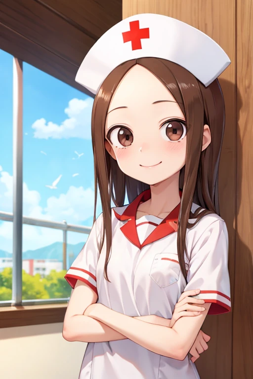 (takagi-san )
 upper body：nurse clothes
lower body：hat
Subject size：Girl
background ：hospitals
timer：Sunlight
expression ： evil smile
posture ：standing