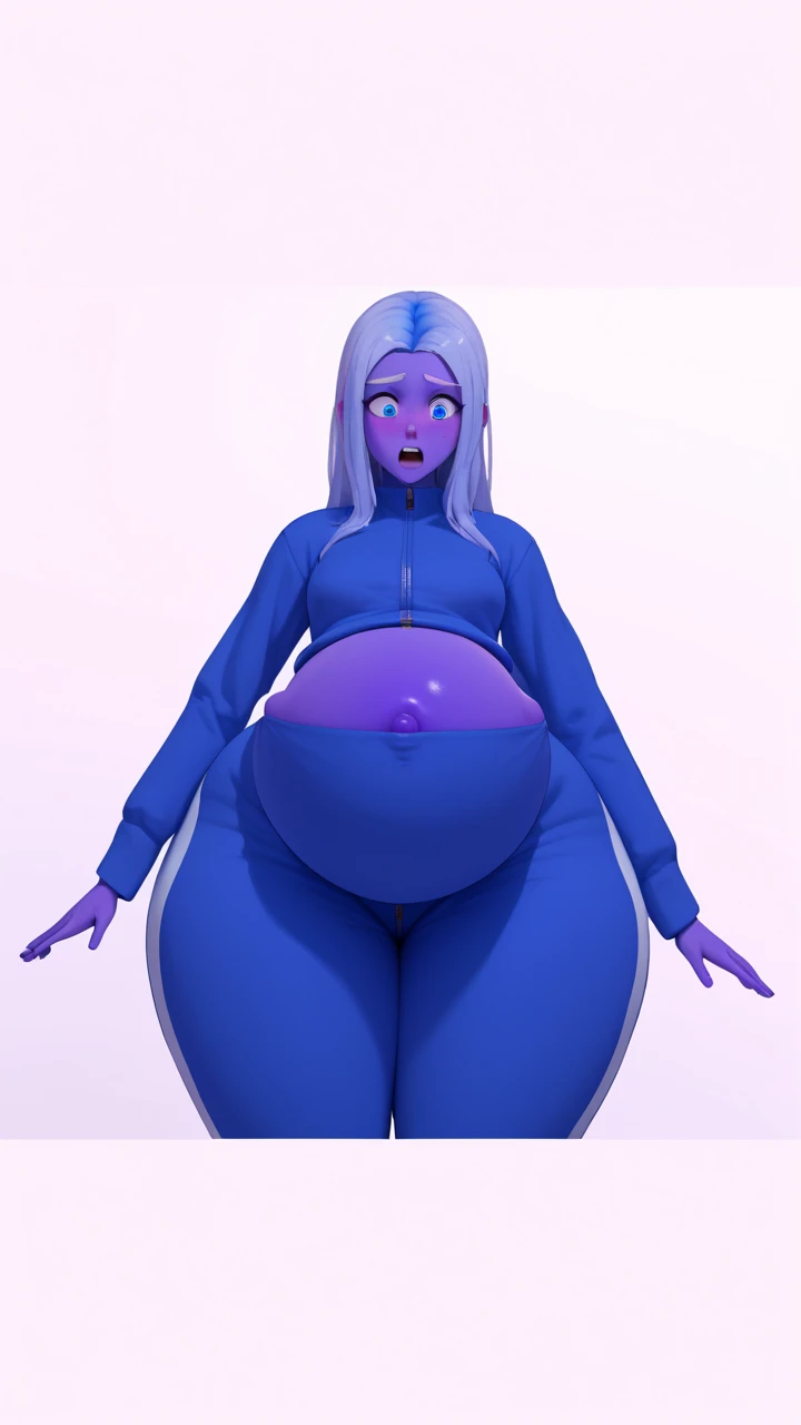 Violet skin all over, Thicc, extremely morbidly obese, white hair ((wearing)), white tanktop, black shorts, struggling frown of effort, voluptuous woman, perfect hands, perfect face, smile, (anatomically correct), (Perfect/ realistic proportions:1.2), (overwhelmingly fat arms, obese face), arm up, ((extremely widest hips possible!)), ((extremely massive thick thighs, morbidly large belly), belly overhang!)), (1080P, 4k UHD, Masterpiece:2.1!) ((single)), background: tilted towers_fortnite