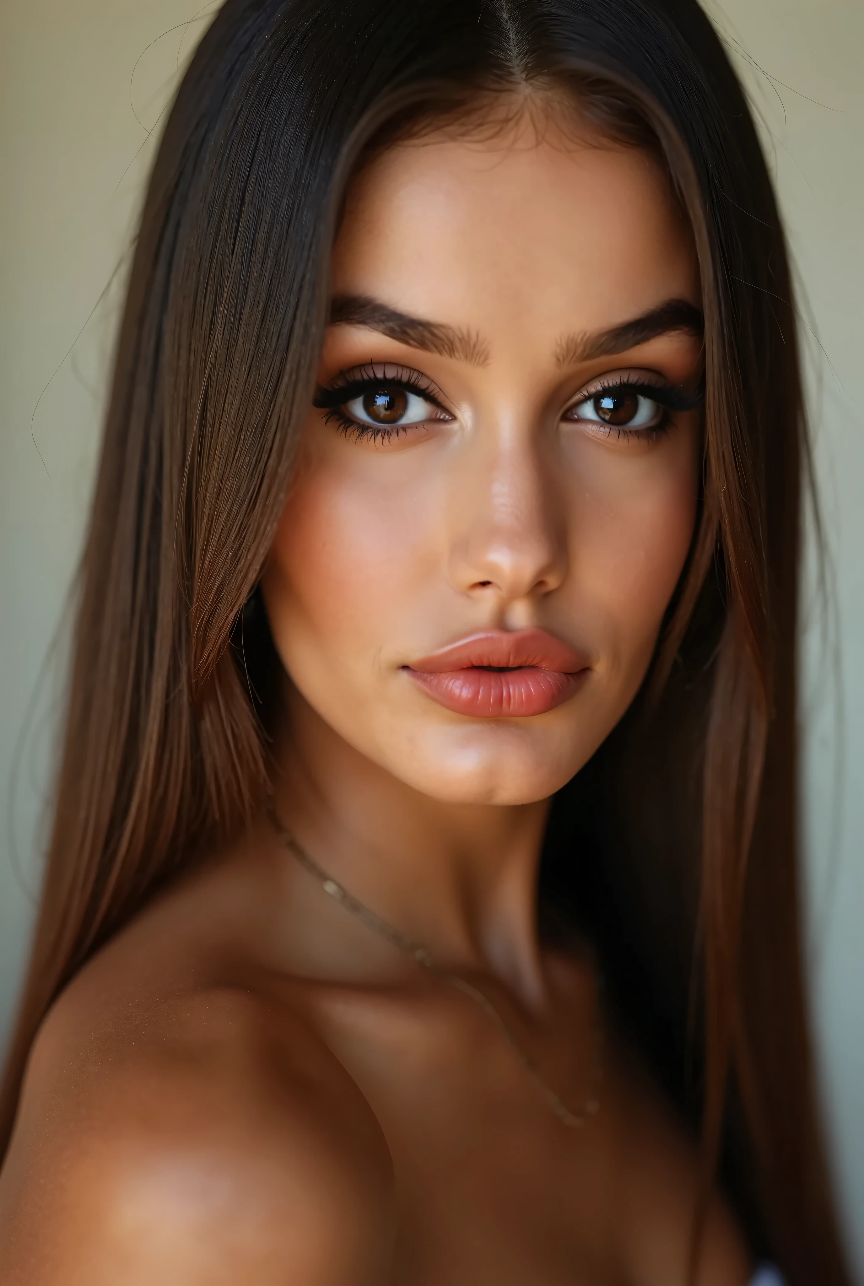 photorealistic image of a beautiful persian girl that has an inshape body gym clothes and black hair and thick eyebrows and cute face and white skin healthy big lips and thin face