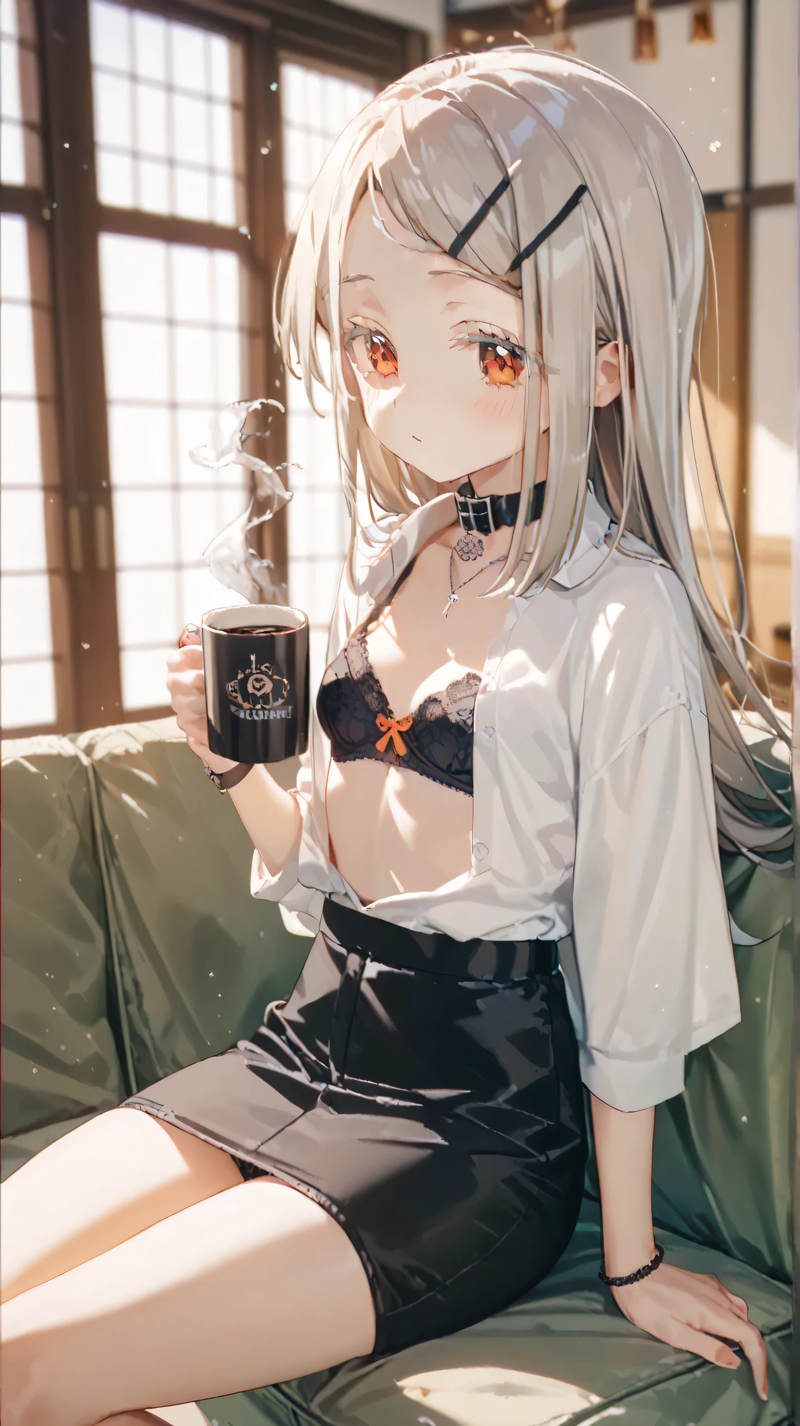 Shinosawa Hiro 、thin、 orange eyes 、White eyelashes、 blond、 long hair、 small breasts、silver hair clip 、whole body、 barefoot、solo, anatomically correct, black lace bra、black panties、collar、white shirt with open buttons、 black pencil skirt {x} drinking coffee in a mug、indoor