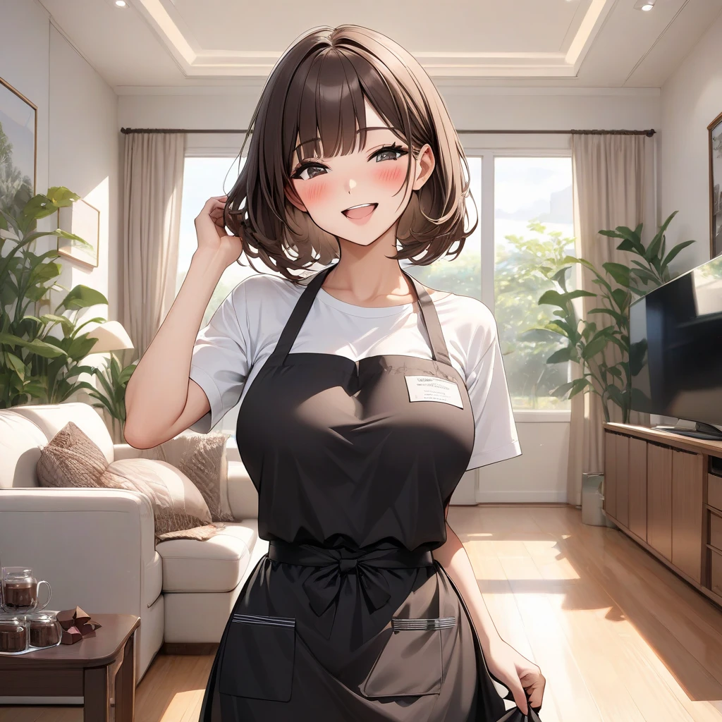  (Show off chocolate to the audience), ( Stylish Clothes )  apron,  adult woman, /( dark brown hair /) bangs,  Blushing Happy Smile  ( open your mouth ), (  masterpiece top quality  :1.2)   delicate illustration super detailed, large breasts 壊す ( Modern House Living Room) 屋内で