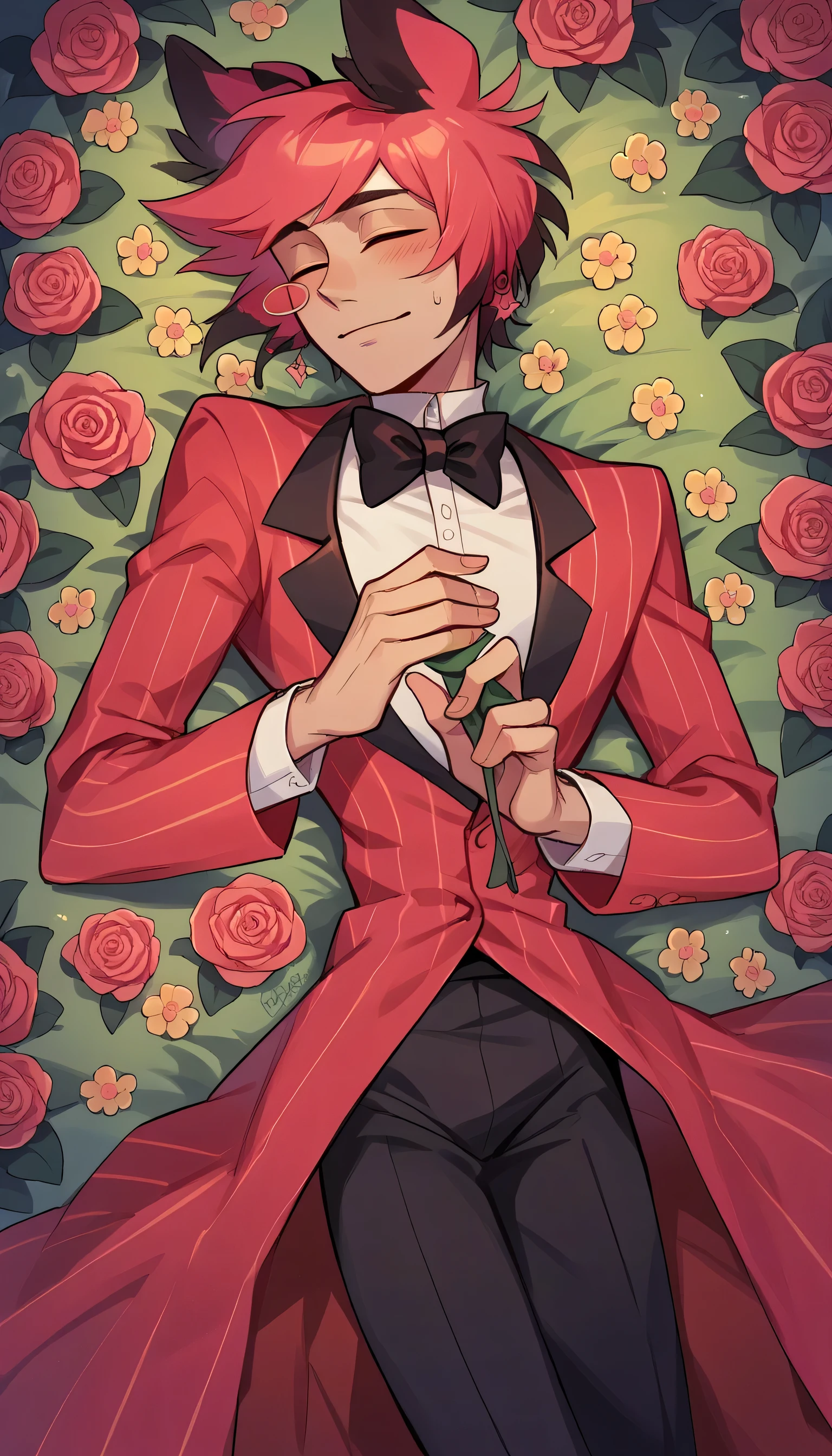 better quality, very detailed illustration , 1 boy, delgado, male body, thin waist , simple drawing, Artifyber style , pastel flat colors , Alastor, animal ears, solo, suit and bowtie, laying in flowers, holding rose