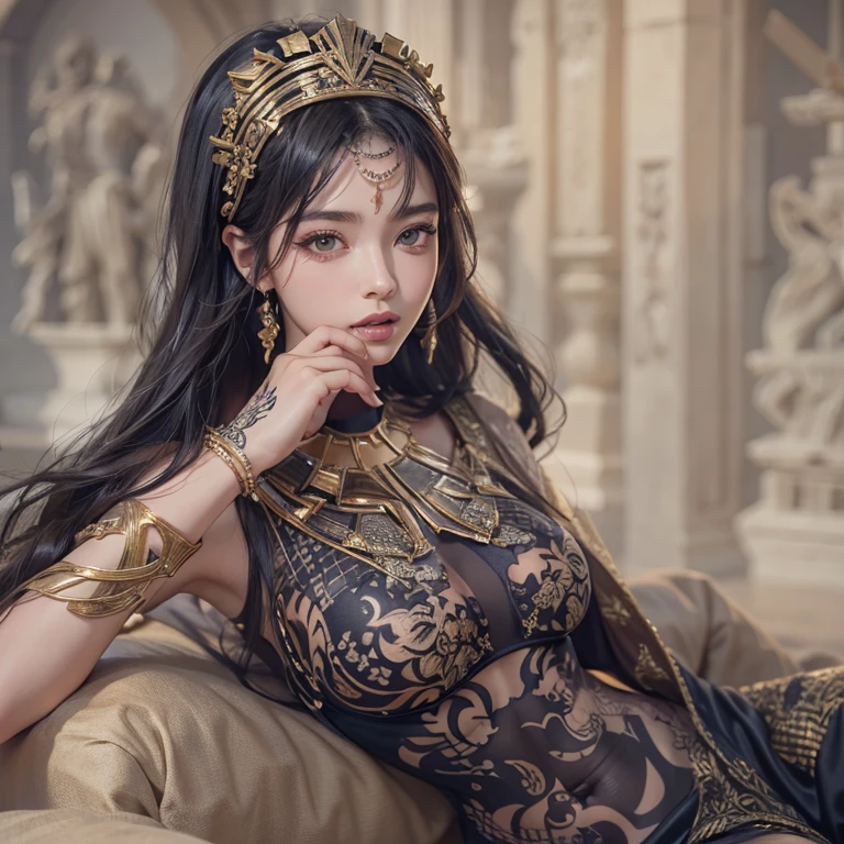 (A beautiful 25 years old female Greek maiden lying on a table:1.2), (wet long black hair:0.9), (pale skin), (detailed oily and sweaty skin:1.2), (serious face), (wearing black colored revealing Greek maiden outfit with golden ornate), (full body shot:1.2), view from front, (sexy pose:1.2), (chiaroscuro lighting:0.8), photo realism, intricate face detail, intricate hand details, highly detailed, vibrant colors, cinematic, 8k, trending on Artstation--style raw