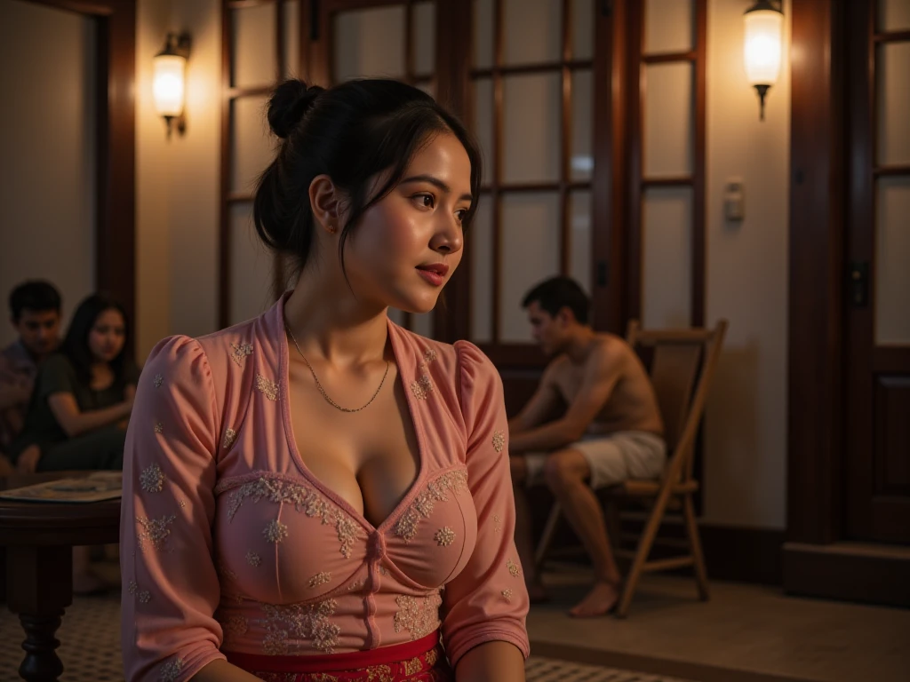 Realistic photography of pretty stunning gorgeous beautiful mix Balinese British woman looks alike 30 yo Monica Bellucci wearing traditional Balinese kebaya as scientist with dark wavy hair inside her laboratory of genetic engineering, exposing curvaceous bosomy,64 megapixels DSLR depth of field 8K resolution
