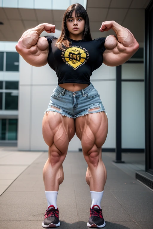A heavily muscled iffb pro female bodybuilder, ((realism)), lips, detailed background, 1girl,  srfc,(squatting:1.2), dark alley, (legs spread), fit body, thick thigh, thick legs, big ass:1.5, natural breasts, wearing a leather jacket, studded choker, ash hair, open jacket, (soft smile)