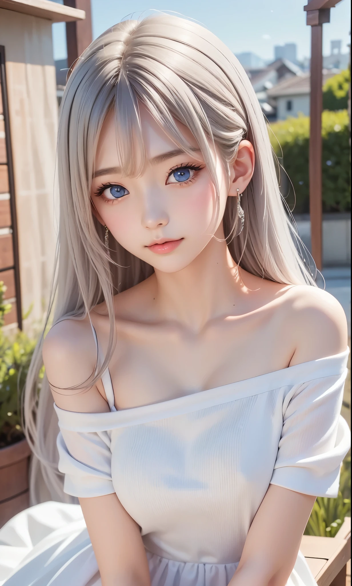 There is a woman in a white dress, artwork in the style of Gwaiz, Gwaiz on pixiv artstation, Gwaiz on artstation pixiv, Gwaiz, Fantasy art style, Gwaiz masterpiece, Beautiful and elegant queen, Beautiful character drawings, Detailed digital anime art, Blonde Princess, Gray Hair, Sky blue eyes, Pink Lips, off shoulder, cool girl face, beautiful eyes, face type, reika, Tilt her head