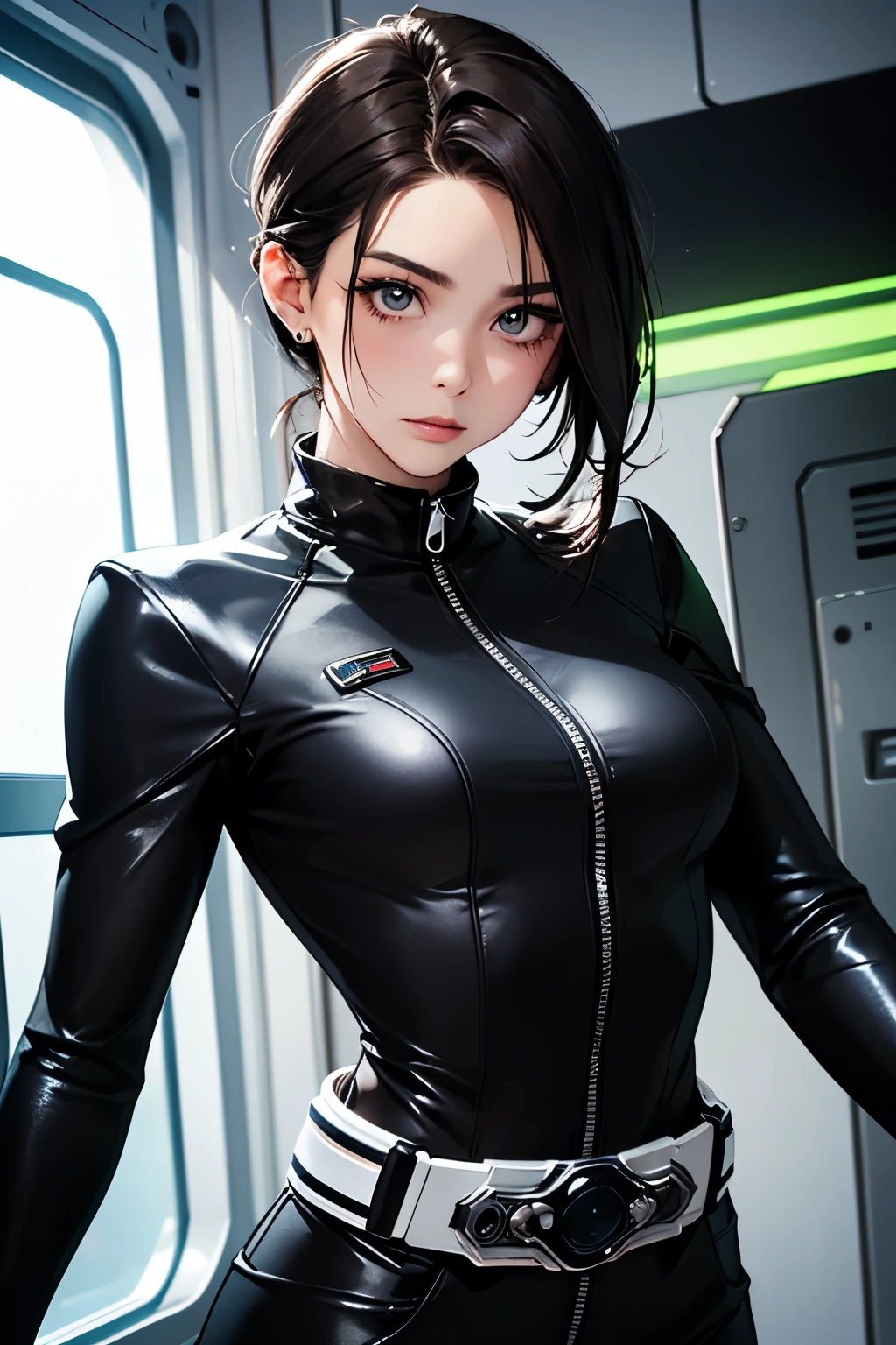 (8K、Raw photography、Best quality、A masterpice:1.2)、(realisic、photoreallistic:1.37)、Super Detail、ultra-high-resolution、Girl 1、Gantz、GANTZ Suit、glossy black、Full body black、Mechanical attire、japanese lady、20About age、Sweating、Buildings、nightscape、large tits、the whole body can be seen、holding a katana、Holding the sword、Sweat drips from your face、Thin black-rimmed glasses、ponie tail、Do not show skin、Gantz's Room