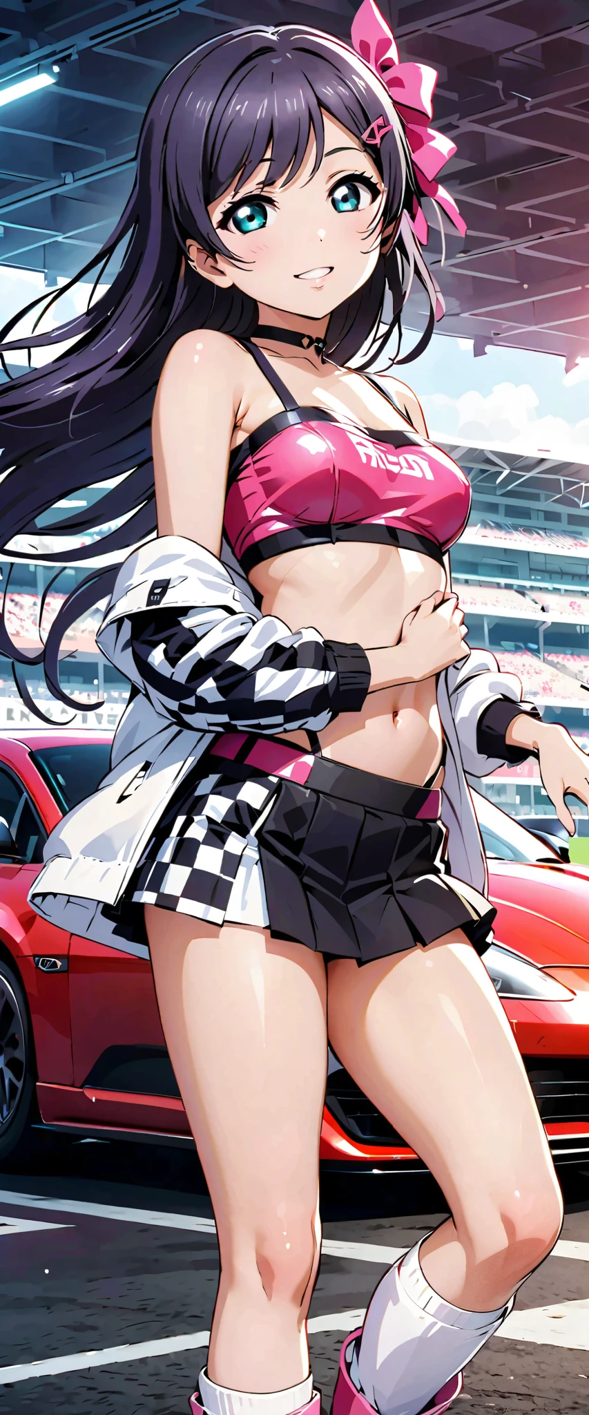  top quality,  ultra high resolution,  One person,   small breasts,  Black Choker, smile,  exposes shoulders,  focus only ,  Watch Viewers,Fair skin,Car racing track, photon mapping to viewers,  physics-based rendering ,  RAW photos ,  Highly Detailed Background, K-pop Idol , depth of field, hair ornament, detailed face,輝く肌, game cg,whole body,  shiny micro mini skirt ,shiny micro tube top,shiny knee-high long boots, Race Queen,Big Breasts, cute pose , sports car,Hold a jacket in your hand ,Gloss Lip,Tojo