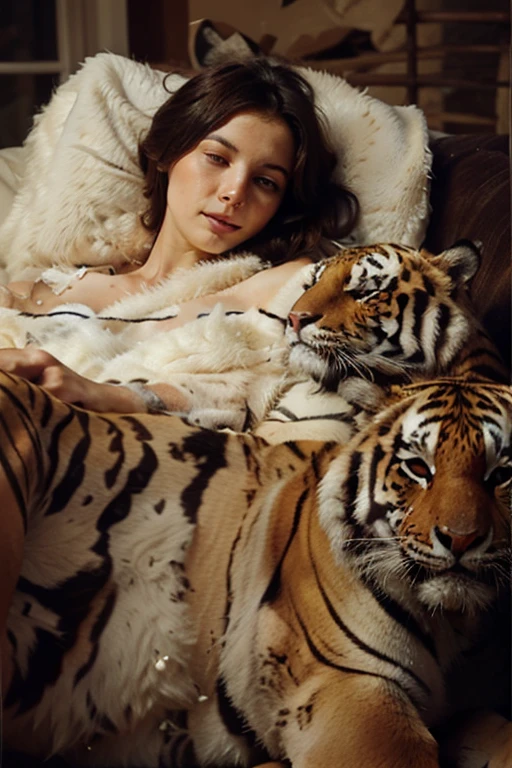 Emma Watson (25, extra busty) and her girlfriend (various race, age near 20, busty, hourglass figure) are both dressed in sheer colorful night gowns. They are passionately hugging and kissing while their pet cheetah tries to sleep. Romantic lit Bedroom