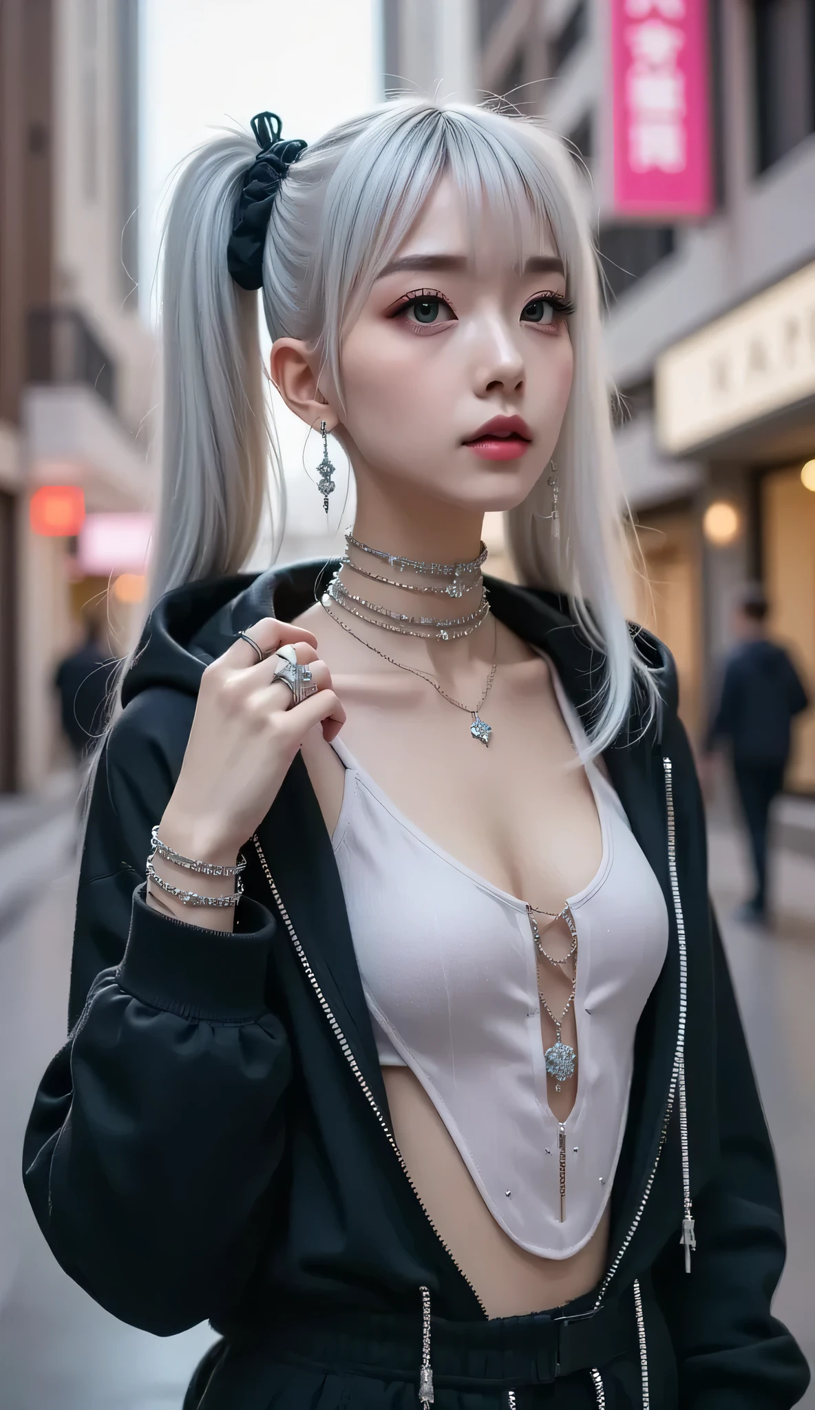 " A mystical assassin elf with pale glowing skin and long hair, looking like glass threads . She wears cyberpunk armor , made of crystals float in her hands — translucent , but strong , with smooth futuristic lines and neon inserts . Crystals form protective plates on her chest , Shoulders, arms and legs, but at the same time look light and flexible . Sharp crystal needles , ready to attack . Her eyes glow with a mysterious light , and her facial expression is cold-blooded and mysterious . She stands in the background a touristic cyberpunk city , surrounded by neon lights and technological skyscrapers ."