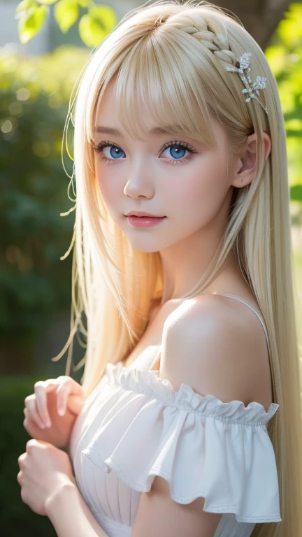 8k,Highest quality,The real picture,Intricate details,超A high resolution,Depth Field,Masseter muscle area,Natural soft light,Professional Lighting,One 15-year-old girl,(cute:1.2),(Gothic Fashion),Bright expression,Young shiny glossy white glossy skin,The ultimate beauty,The ultimate beautiful blonde girl,The most beautiful platinum blonde hair in the world,Shiny light blonde hair,Long silky blonde hair,Shiny beautiful bangs,Sparkling, clear and attractive blue eyes,とても美しい素敵なcute1童顔の金髪の美少女、Blond hair blowing in the wind、Off the shoulder