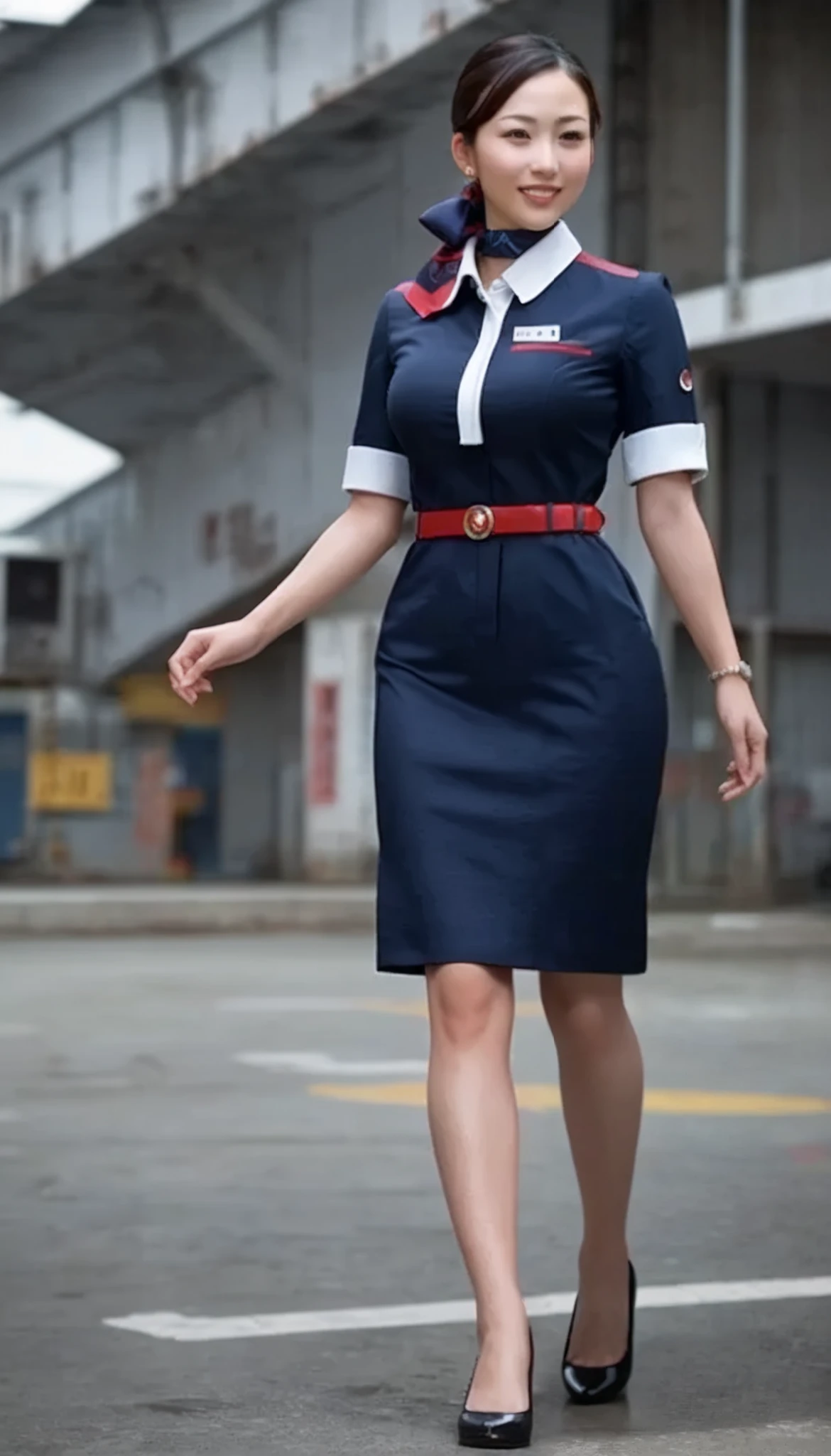 (((( Masterpiece)))), (((( top quality)))), nothing ,fine grain, detailed face, Detailed Expression Description , fine grain 、 detailed face、 detail hair 、 Sparkling Skin 、sweat、, Japan airline's flight attendant , A uniform that fits the skin ,  , tight skirt 、 , big breasts , full body shot ,