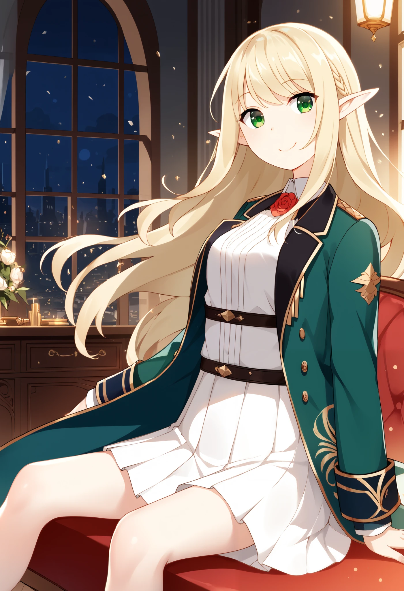 ((( Masterpiece, top quality, high image quality, high detail)))), ((( fantasy))), ((Walled City)), ((Inside the inn)), (Sitting in a chair looking out the window))), ((People walking around town々)), One, elf woman in her 20s, white short skirt with gold embroidery, long straight blonde hair , Dark green eyes , green circoat with gold embroidery, smile, big, (wind) , There are many light particles floating in the room