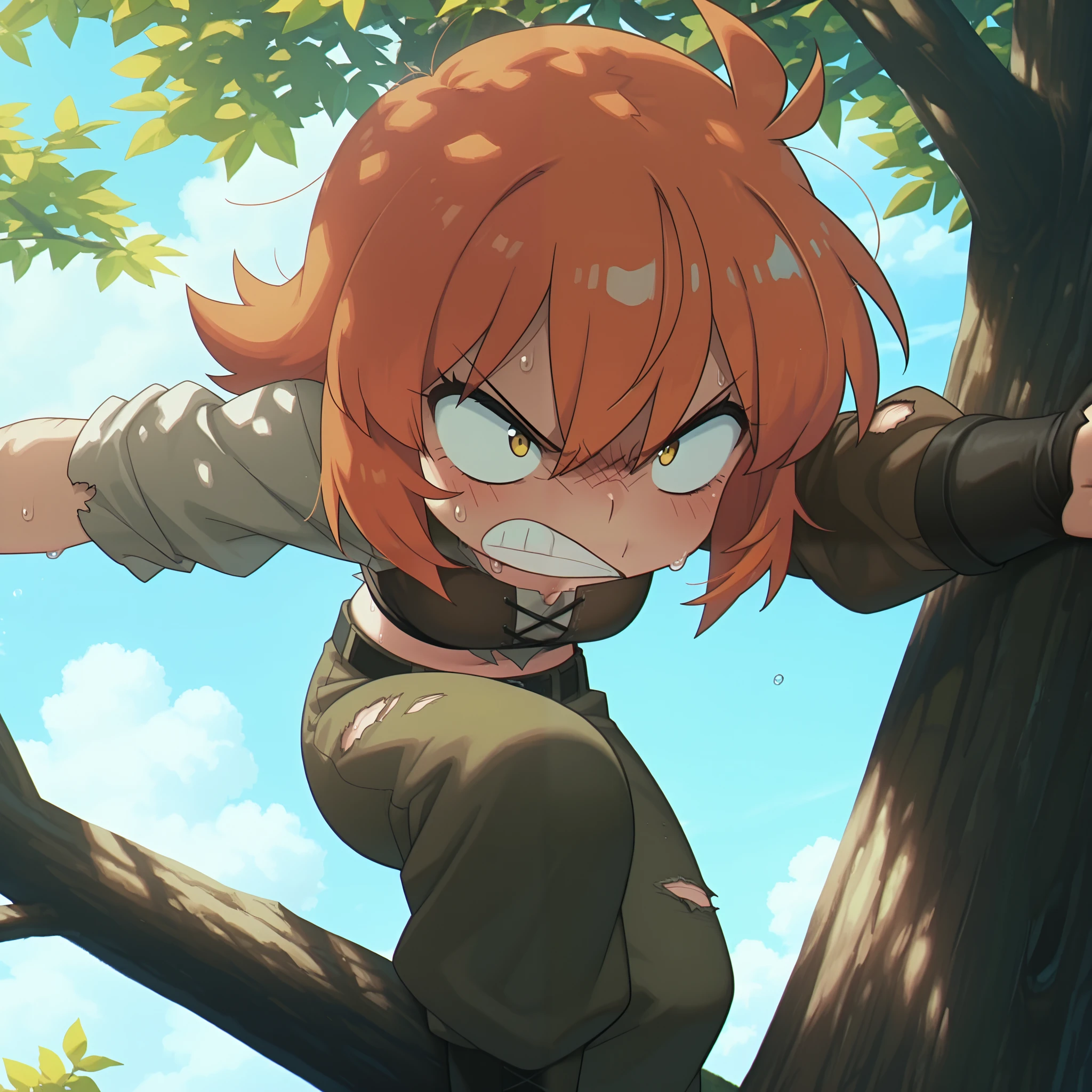 masterpiece, best quality, amazing quality, anime screencap. BREAK. wild woman, tattered clothes, climbing tree, scratched arms, short messy orange hair, angry expression, sweating