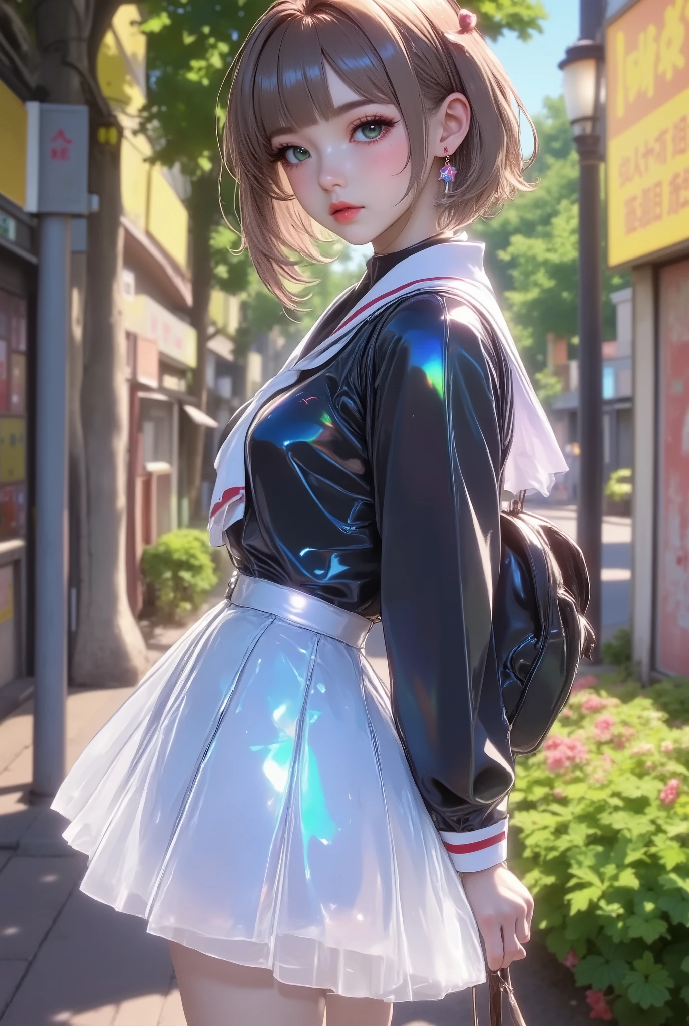 kinomoto sakura,  She has green eyes ,  I have brown hair tied in two with red elastic,  bob cut, My hair isn&#39;t long, Standing alone in the park ,  background is blurry , She's in a traditional Japanese uniform  , Black long sleeve shirt with white and red trim ,  white blouse,  white tie,  and a white pleated skirt ,  She's fair skinned and petite , Outdoors, best quality,  highres, 1080P, HD, 16k