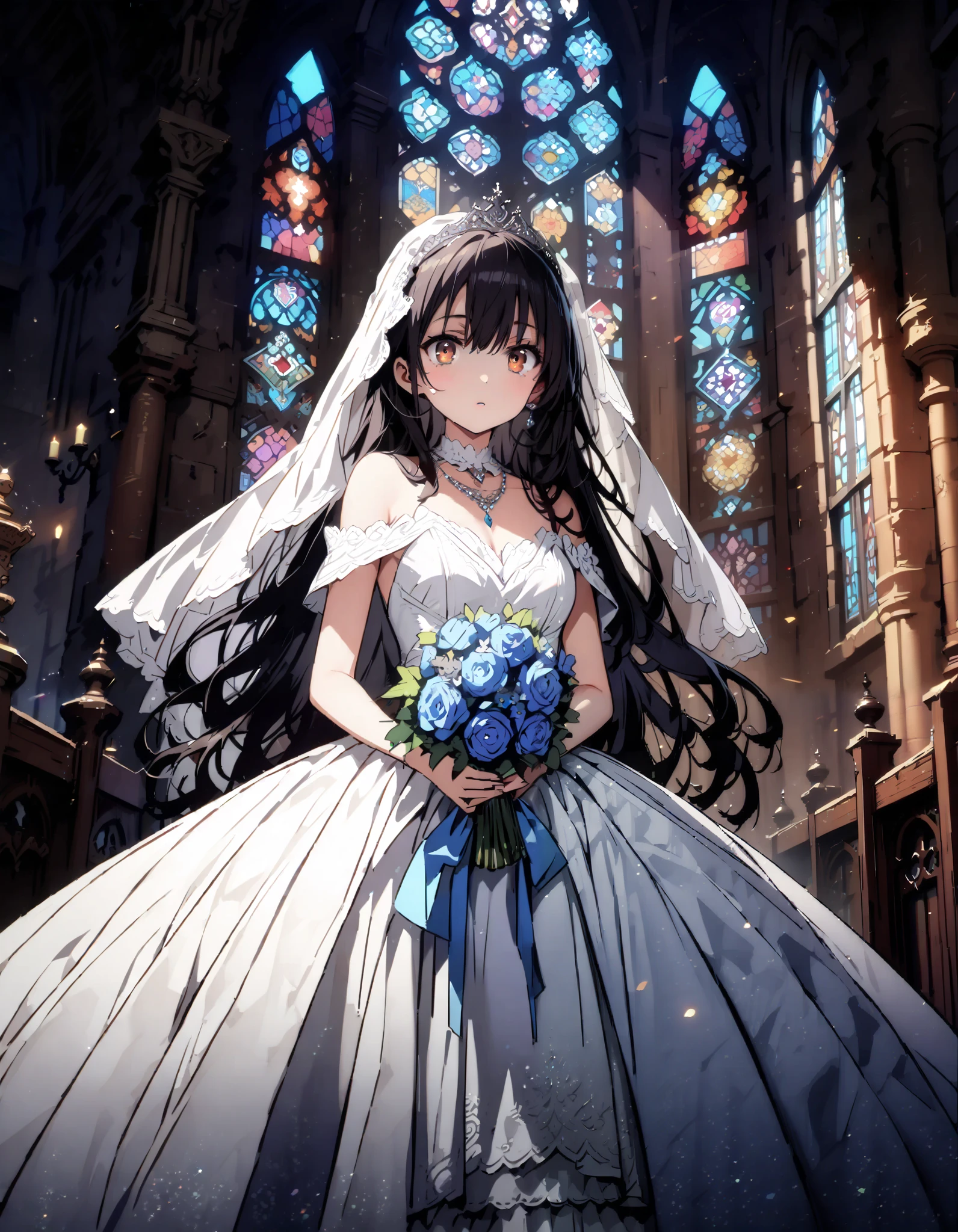  score_9,  score_8_ up the side,  score_7_ up the side,  source_Anime,  Sonoda Umi  ,  long hair, bangs, çµç¹ ,  brown eyes,  Lantern, off shoulder wedding dress, wedding long skirt with a bouquet of flowers in both hands, Veil, tiara , necklace,bouquet, blue flower, standing, stained glass ,whole bodyが illustrationsに入るように,                                                   break indoors, Chapel,church,
break looking at viewer,whole body,
break ( Masterpiece:1.2),  top quality,  Hi-Res,  Unity 8k Wallpaper, ( illustrations:0.8), ( beautiful detailed eyes :1.6),  very detailed face,   perfect lighting , Extremely detailed CG, ( Perfect Hands,  perfect anatomy),