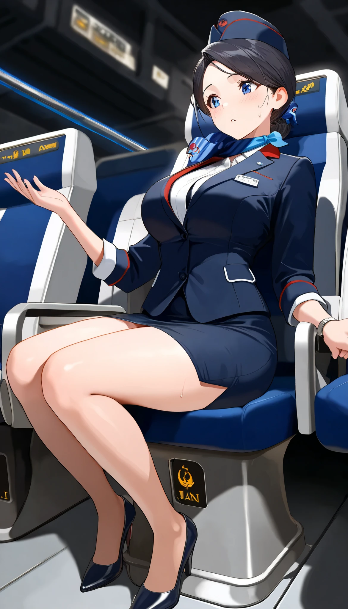 ((Ana_flight attendant, _uniform)),, (aircraft, aircraft seats), Cute face,, Running in a big stride、stewardess。Earrings、Sexy、Cabin attendant、Beauty