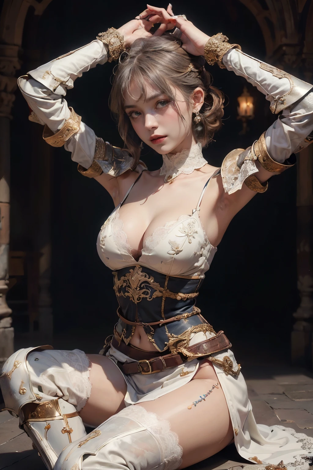 masterpiece, ethereal beauty, ethereal, steampunk, ultra realistic, woman 38 years, Like a Yael Shelbia, 3d, 3d rendering, porcelain, latex, Best quality, human anatomy, real hair, short hair, asymmetrical cut hair, moving hair, huge breasts, human anatomy, posing for photo, translucent, (ethereal, dreamlike), formidable, 8k wallpaper (1girl), official art, illustration, ligne claire, (cool_color), perfect composition, absurdres, fantasy, focused, (clear clothing, transparent cloth, see-through material), (((cameltoe))), (red hair, freckles, huge breasts, nearly naked, underboob), blend of Natalie Dormer and Gal Gadot, silk robes, detailed castle background, 20 yo, natural, amazing body, pronounced feminine feature, speaking, laughing, festival, (((no panties)))