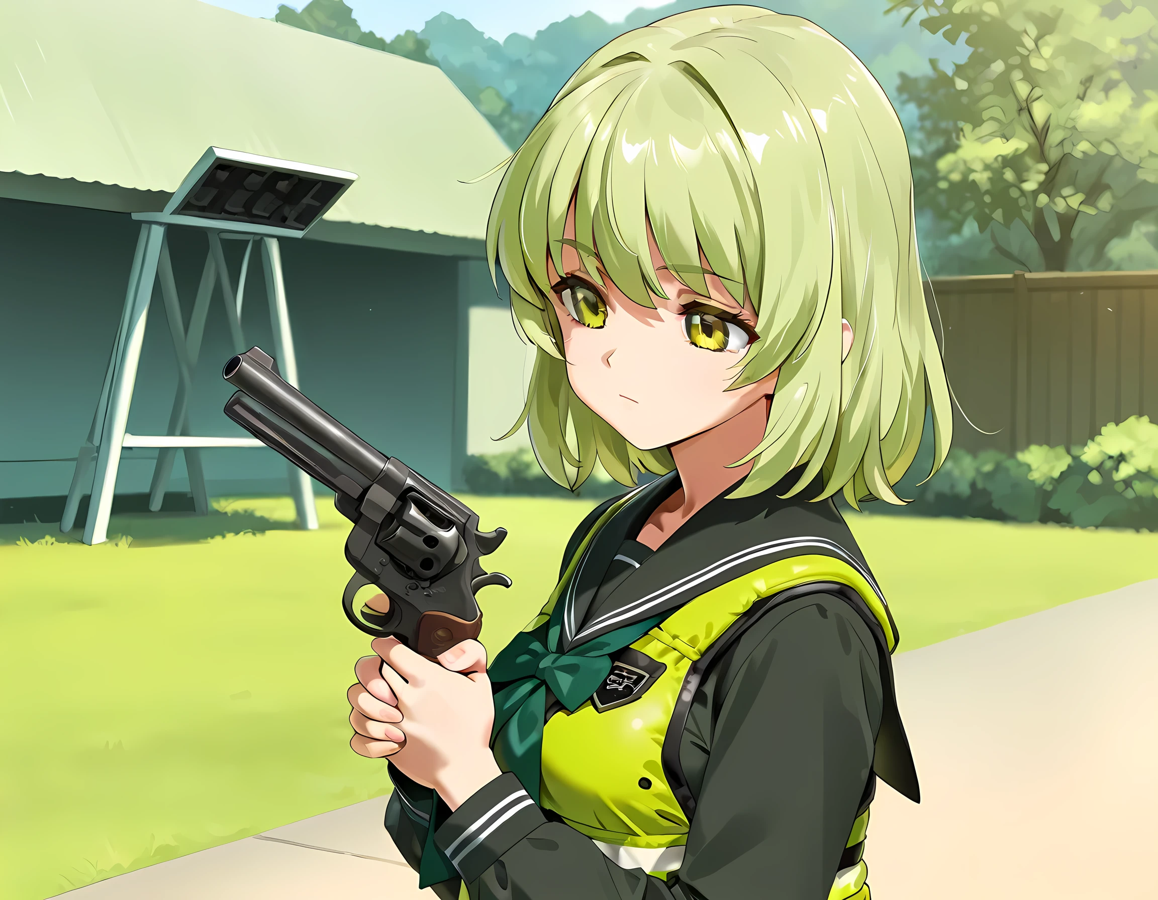 masterpiece, best quality, 8K, high detailed, vector illustration, yd\(orange maru\), 1girl, Outdoor shooting range, standing, 180㎝, (yellow green medium:1.5) hair, yellow green eyes, slant eyes, (detailed beautiful face and eyes;1.5) medium breasts, (slender:1.4), (serious:1.1), (black sailor uniform:1.5), upper body, from side, (Hold the pistol with both hands:1.5), (Revolver Pistol S&W M586), (ballistic vest:1.5) Magazine pouch, Several high school girls are holding guns, They are wearing black sailor suits and ballistic vests
