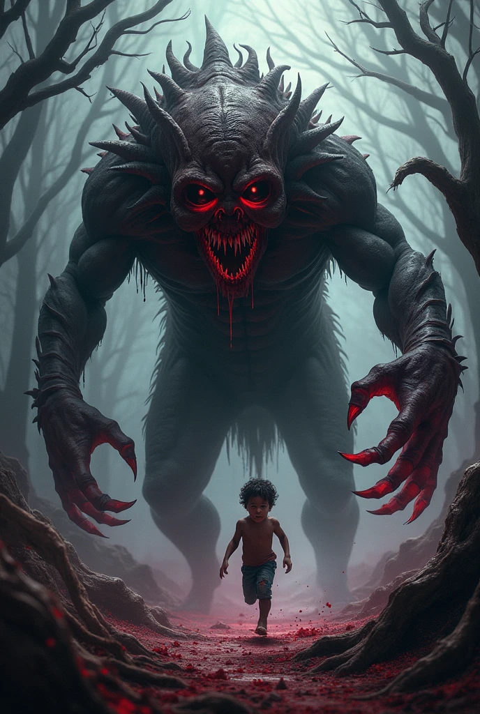 A boy is standing infront of a demon who is very big in size,he has a lot of head,big big teeth with red blood,many dangerous weapons in hand and want to afraid the boyand the standing boy is about to run away
The demon has 10 heads