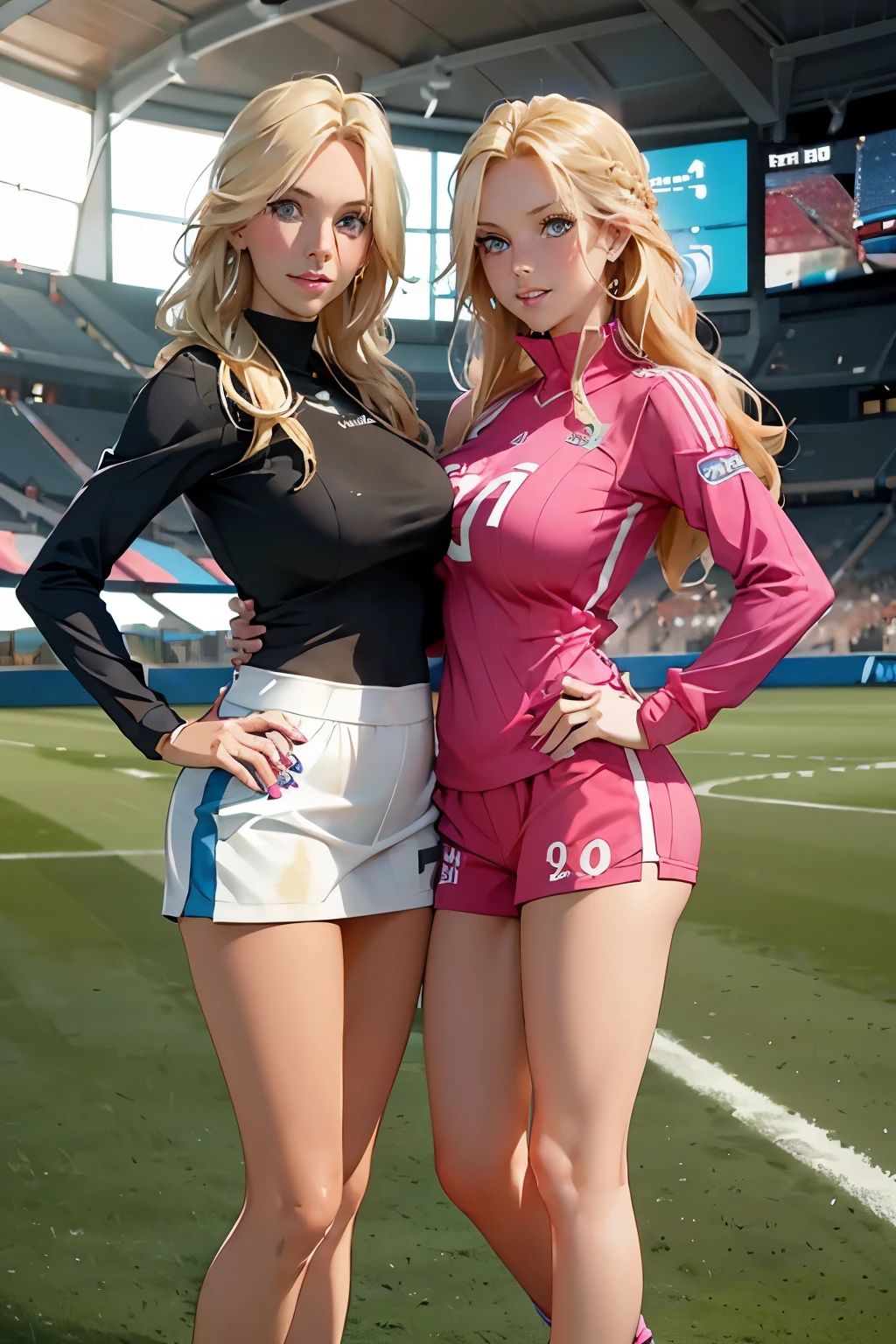 (Masterpiece), 8k, 16k, uhd, (best quality), (fantasy photography, epic imagination), ((no )), Norge girl ohelsea football pitch, holding a football with her hands, tender, movie scene, Spanish national football team uniform, high-waisted sports shorts with transparencies, Brazilian national football team uniform, blonde woman, red-haired woman, (ideal human proportions)