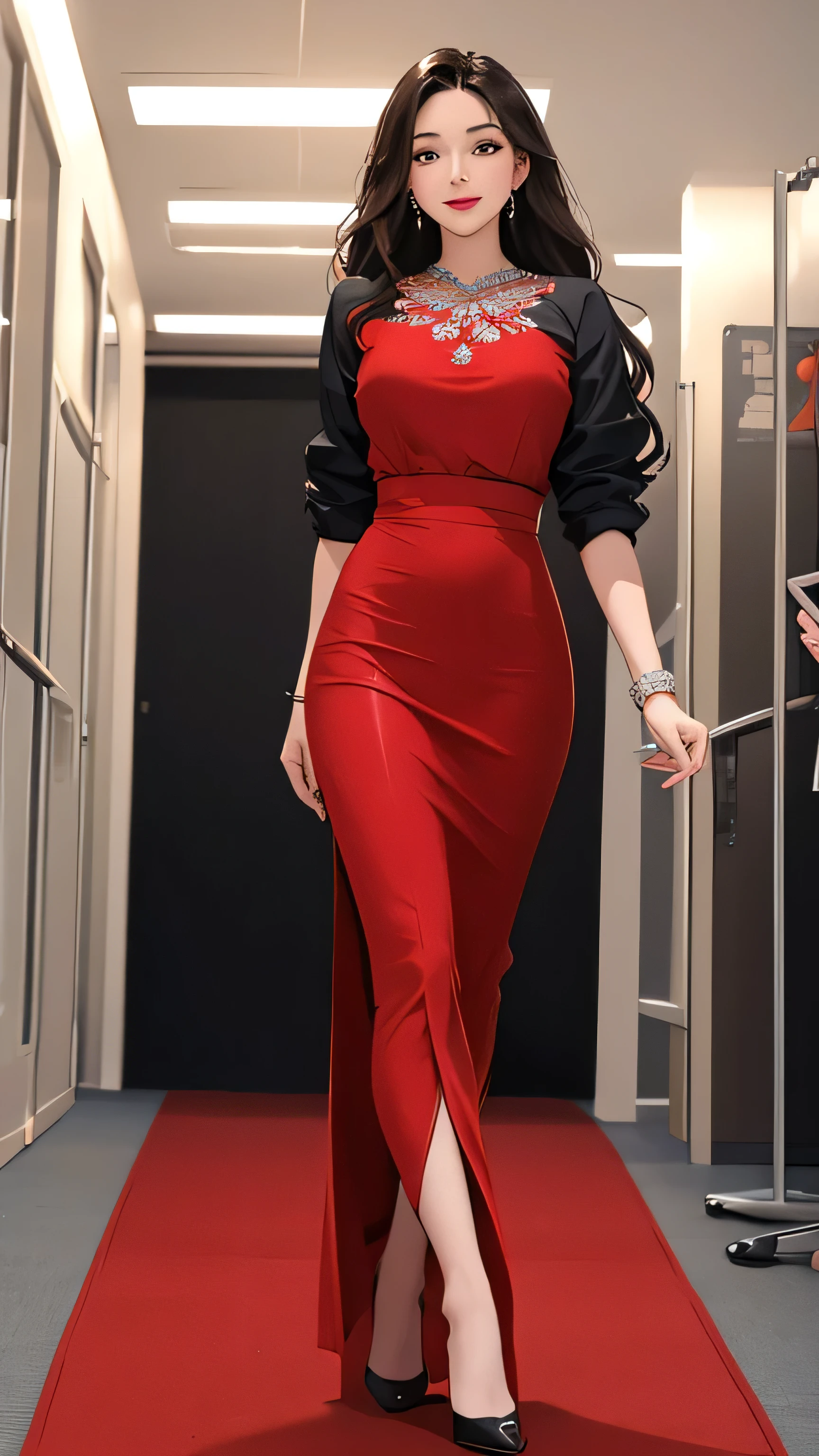 mid shot, full body, solo , best quality, portrait, detailed face , cute asia girl, 18 yo, solo, looking at viewer , from front, Smile confidently, walking down a (((red carpet))) in an office setting. She wears a office lady, flowing evening gown with intricate details, exuding confidence and grace. Bright lights and cameras flash as if she were at the Cannes Film Festival, but the background features a modern office with desks, computers, and corporate elements. The contrast between high fashion and the professional workspace