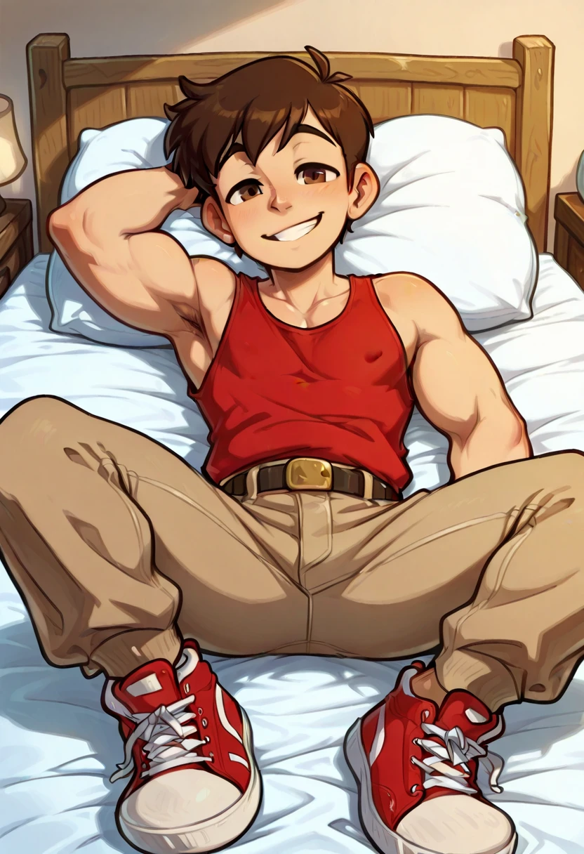 (Boy1, male, short red brushed-up hair, red bandana, brown eyes, topless, black underwear, bare feet, sitting on the edge of large hotel bed, slightly erect penis, smiling), hotel bedroom