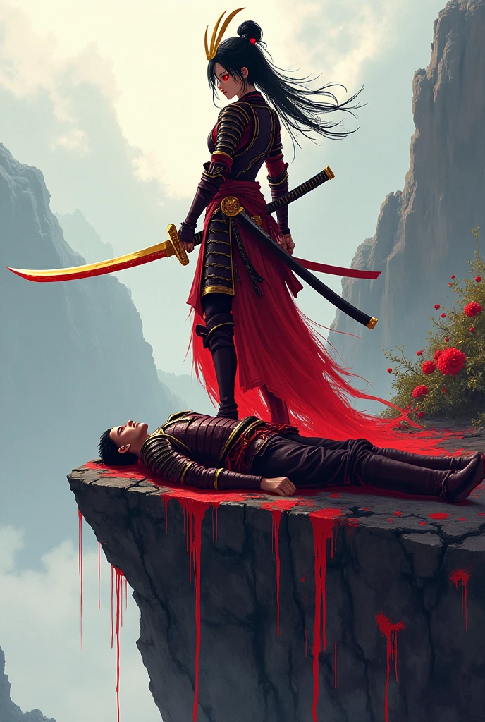 Cartoon a beautiful woman with black hair and red locks crying over body warrioh who is death of a palace while it is raining, and she is wearing armor and is stained with many blood in his whe dont see the man only hiss body , she screamed from pain of the lost , and hug yhe body