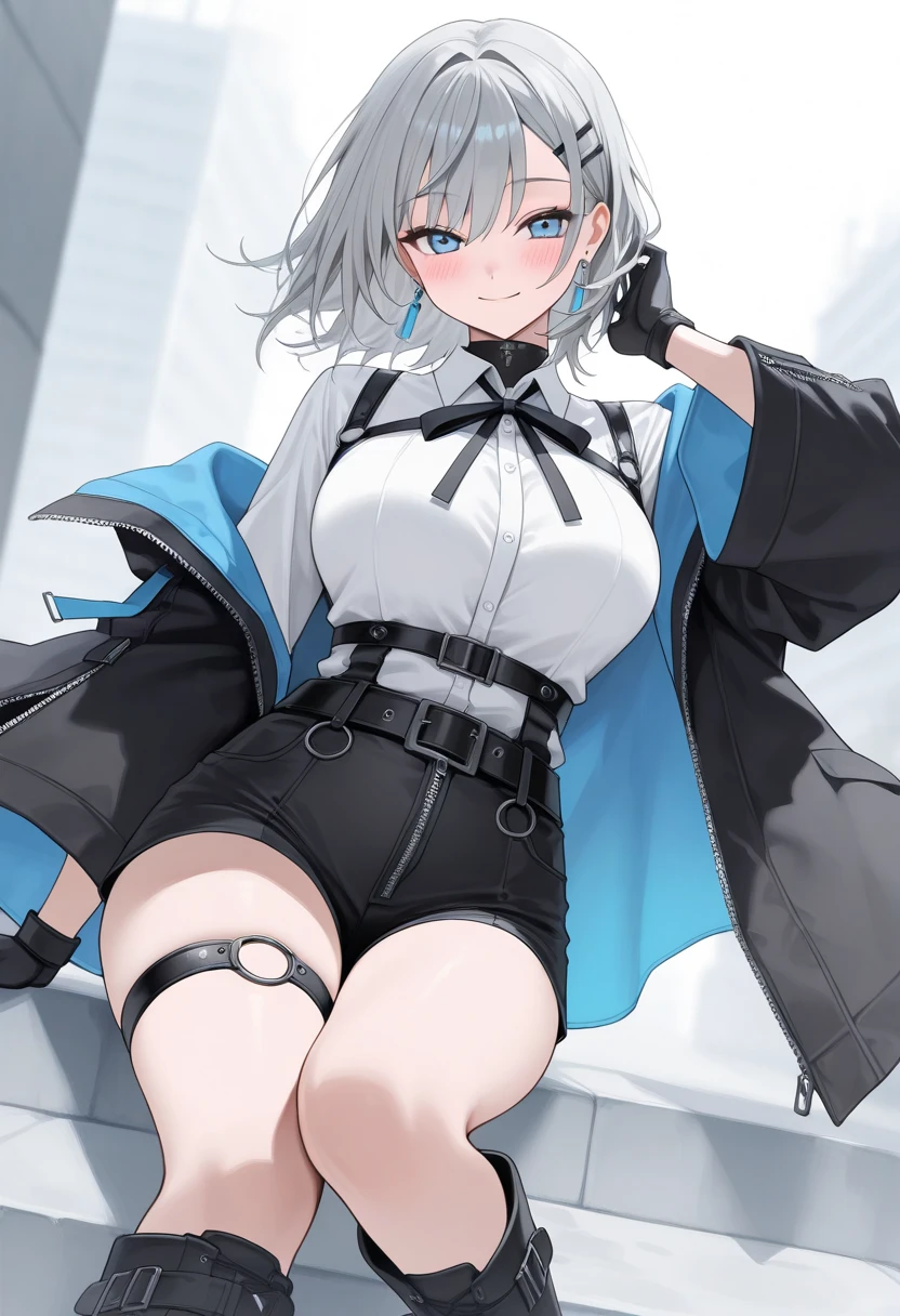 An illustration　girl　18-year-old　Short Bob　Ultra mini skirt　blue eyes　Best Bust　Overexposed　Shyly　Racy line　Sitting　Gray Hair　Spread your legs a little　
