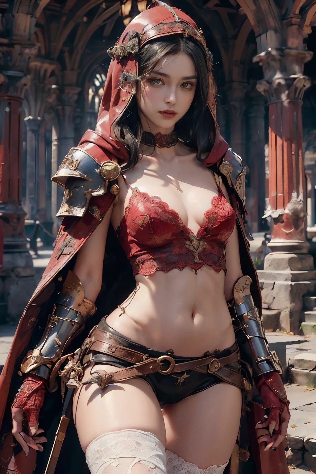 ((Show me the vagina:1.5))、Fantasy、naked、ブルネットのnakedの戦士の少女, young woman, 18-year-old, かわいいnakedの女性, Sharp Eyes, The body is slim, The crotch is open, The gap between the thighs, Thin legs, Are standing, front, Exposed Armor、Shoulder only armor、Gauntlet、garter belt、Crimson Cloak、(Sword in fighting position)、pubic hairが濃い、pubic hair、Large Breasts、((topless))、