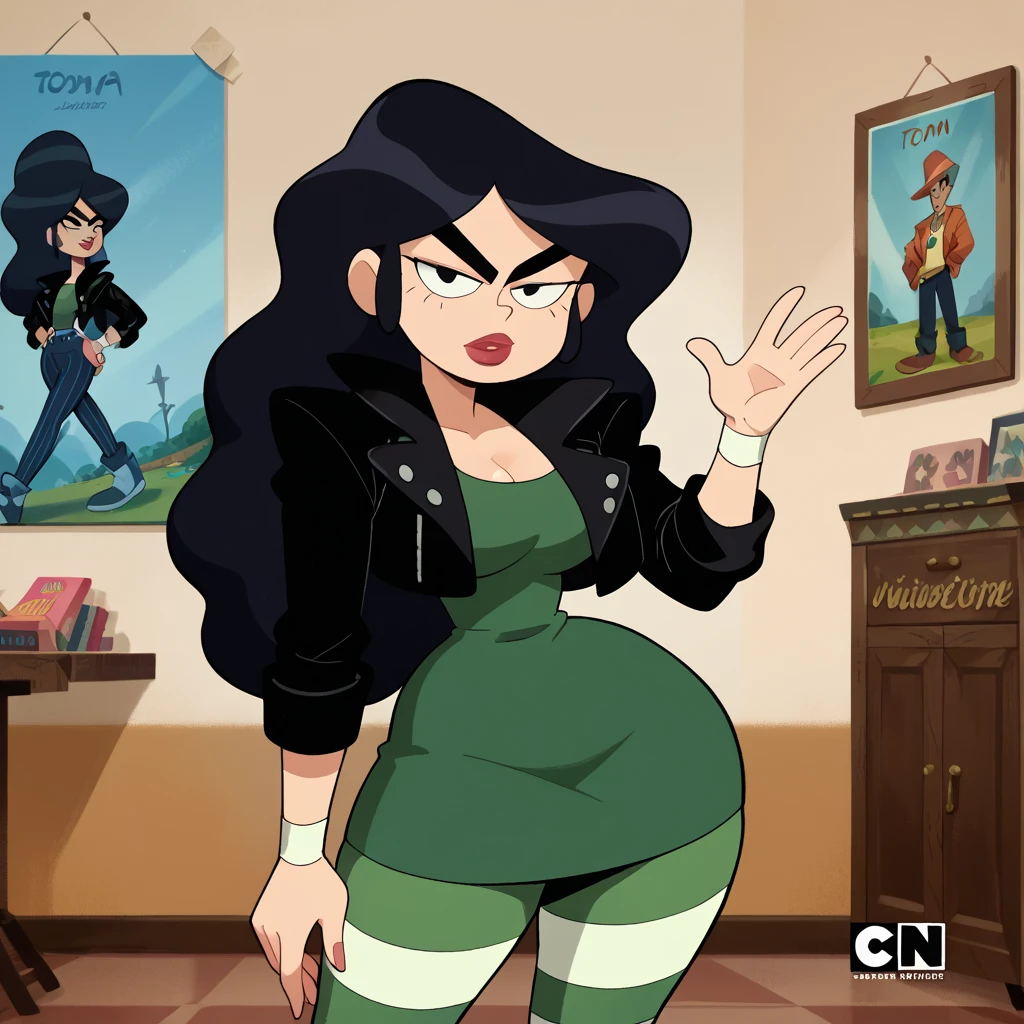 score_9, score_8_up, score_7_up, score_6_up, 1girl, black hair, long hair, thick eyebrows, jacket, striped thighhighs, lipstick, large breasts, narrow waist, wide hips, looking at viewer, fca style, toon \(style\), highres, high quality, masterpiece,