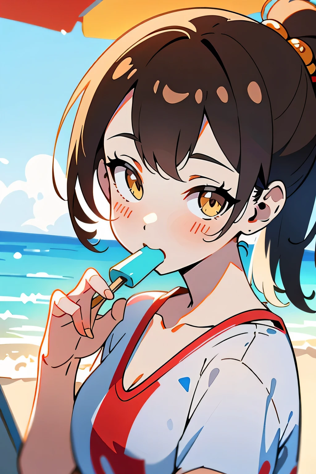 Slim, attractive, cute girl, brown hair, Go to , pushes her big mouth, eats popsicles, Food in her mouth , summer beach , close-up, Concept Art, ( top quality, 4K, 8k, Hi-Res, Masterpiece:1.2), super detailed, ( by Nomi, photo by Nomi, photo- by Nomi:1.37), portrait, vibrant colors, warm color lighting