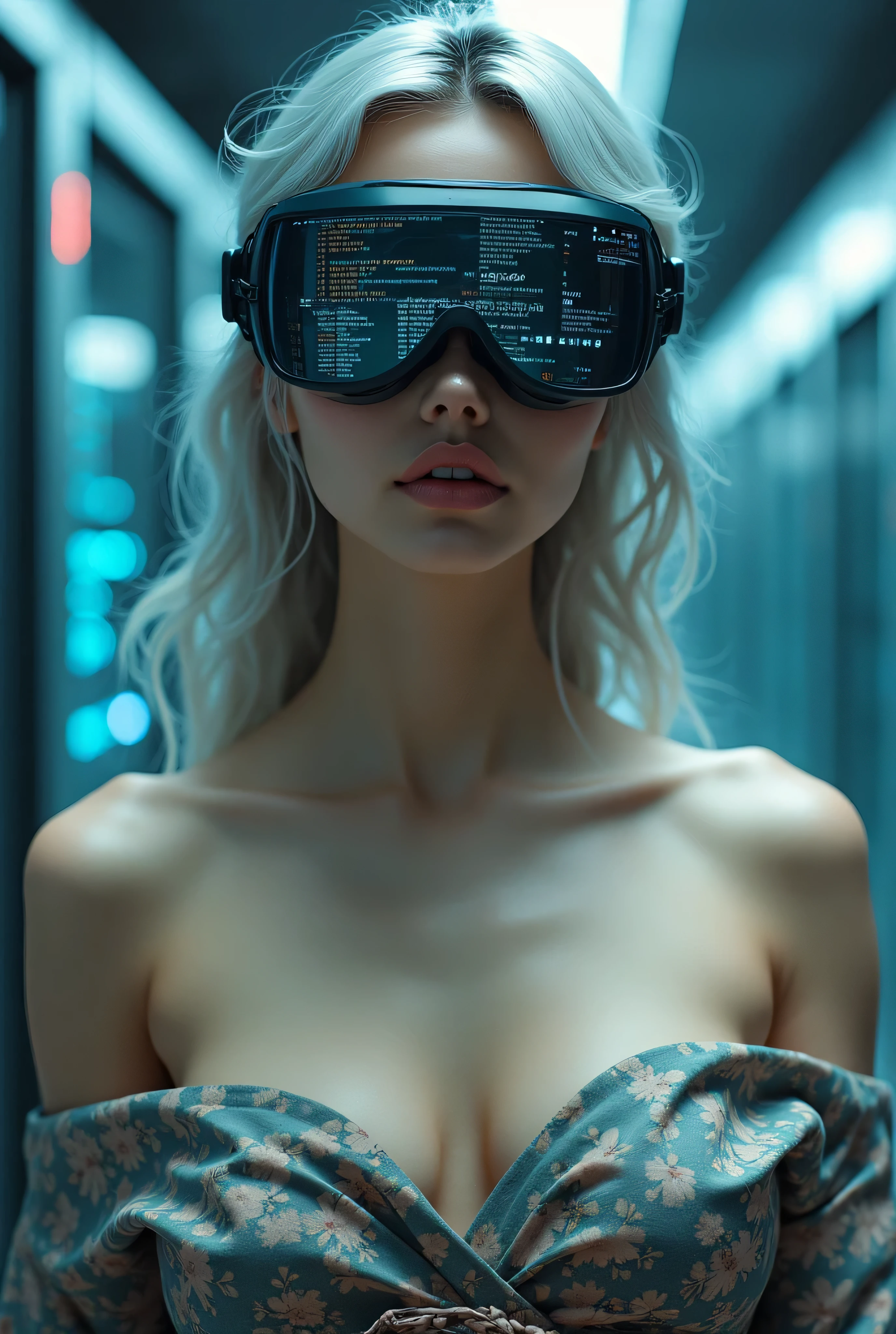 ((best quality)), ((masterpiece)), (detailed), (((perfect face))), (((hot chick young girl))), (((there is a cyberpunk night city in the background))), ((big tits )), ((black sexy futuristic steel outfit)), (((detailed face))), perfect body, ((good anatomy)), (((big tits))), (((her eyes are covered by a black carbon VR Gaming Headset))), (big boobies), high heels platform boots, ((bob cut white hair)), (photographed from above), ((lasers)), (((her clothes are made of metal))), ((lacy metal futuristic corset)), samurai sword, garter belts, from above, stocking, ((lacy brassiere))