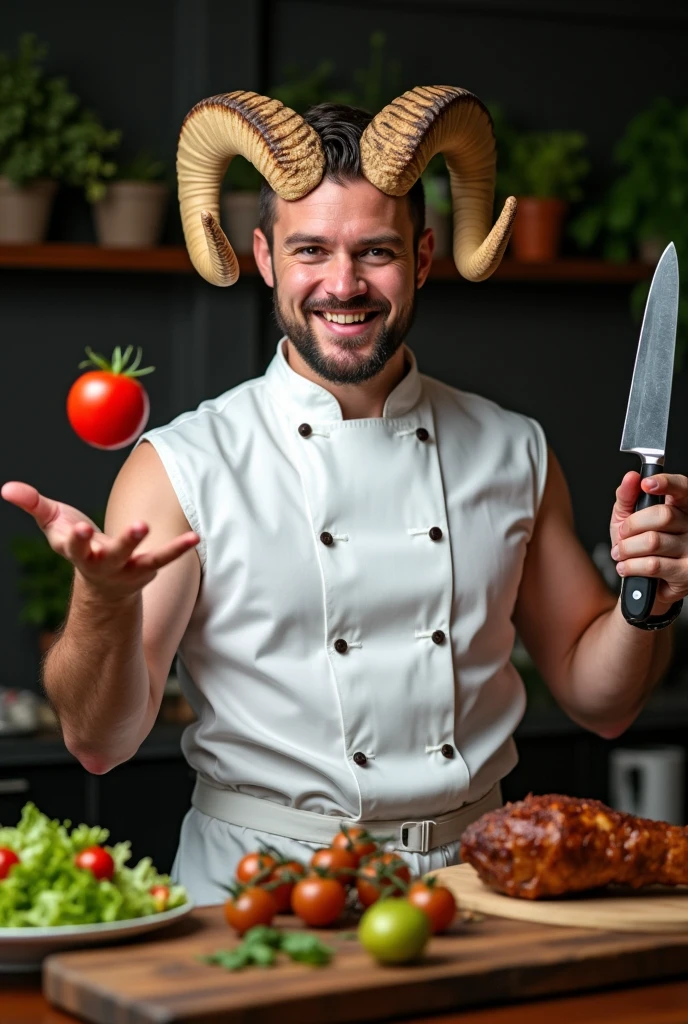 ((Half-angel)), ((Half-demon)),Guy,naked in an apron,kitchen,NSFW,Krill horns,soft light,Deluc,Genshen Inpack,