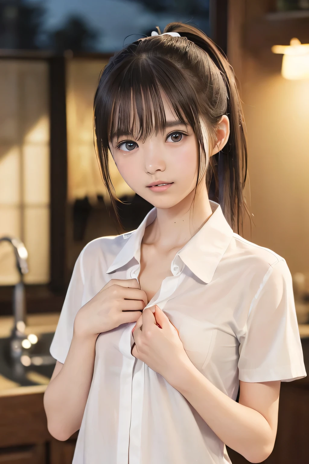 (8k, RAW photo, photorealistic:1.25), (looking at viewer, Messy hair, disheveled wet Hair, wet short ponytail hair:1.8), (lip gloss, eyelashes, Shiny surface, Glossy Skin, best quality, ultra highres, allows depth of field, Color Difference , caustics, blow lighting , Natural Shading, kpop idol), (cleavage, flat chest, covered nipples, naked white shirt, nude, short sleeve shirt, Unbuttoned shirt:1.7), crying, tears, tearing, sadness, (dark background, indoor, a girl is making dinner, dark small kitchen, night view:1.4)
