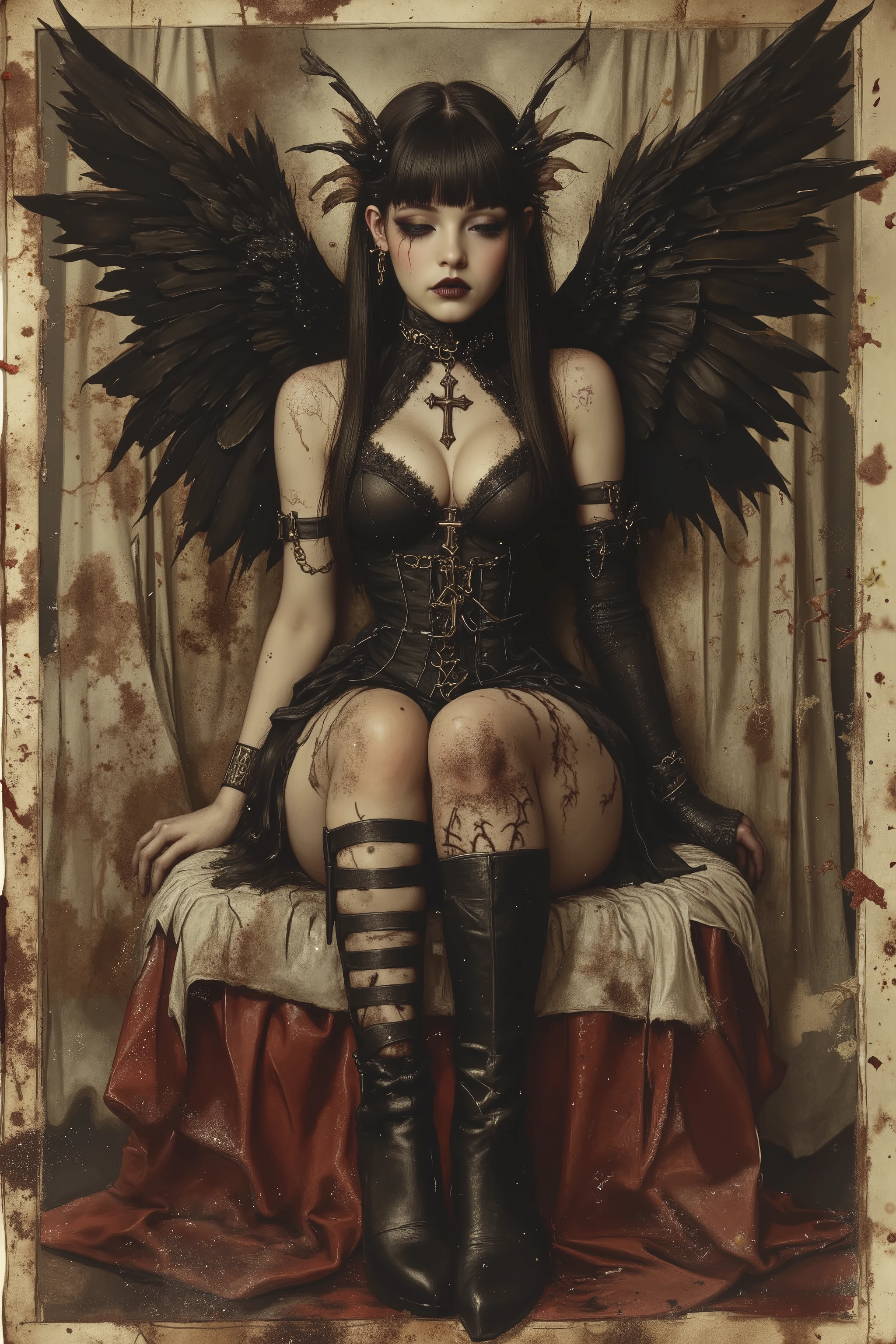 ((lying coffin,bards eye view,fullbody,leg forcus:1.5)),beautiful detailed eyes,Highest Image Quality,best quality ,Ultra-high definition,detailed face, beautiful face ,melancholic,tattoo ,(curtain,blood splatter), sexy,angel,cross earning ,Thick black lips,depression,woman,black hair,red cheeks,black gothic lips,long straight hair ,Bob,hime cut, long hair, mole, ((black wings:1.3)), mole under mouth,((bandaged arm,bandaged leg,bandage clothes)),FacePiercing, long hair, blindfold,, chain, collar, angel wings, bondage outfit,beautiful legs,exquisite digital illustration,dark fantasy,style of Aberdeen Bestiary,vicgoth