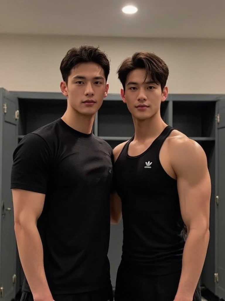 casal de homens, casal, HOMEM COREANO, SEM CAMISA, rosto bonito, PEITO MUSCULAR, volume na cueca, bulge, grande