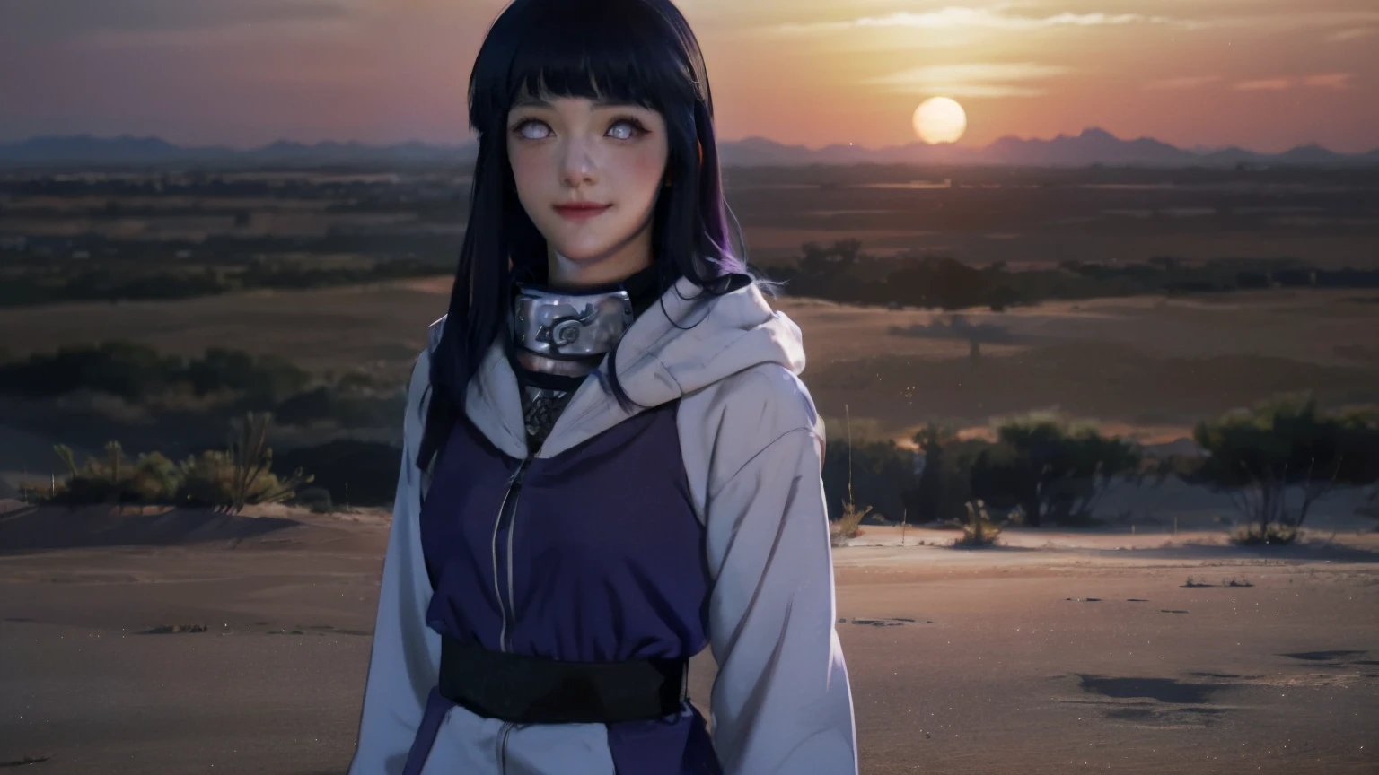 "Generate a 4K ultra-realistic anime-style wallpaper of hinata from Naruto purple hair looking realistic , standing alone in a vast desert landscape during a vibrant sunset. She should be smiling softly, with a gentle breeze blowing through her hair. Incorporate realistic textures, lighting effects, wearing his anime dress and atmospheric conditions to give the image a lifelike and immersive look, as if hinata has stepped out of the anime and into the real world."