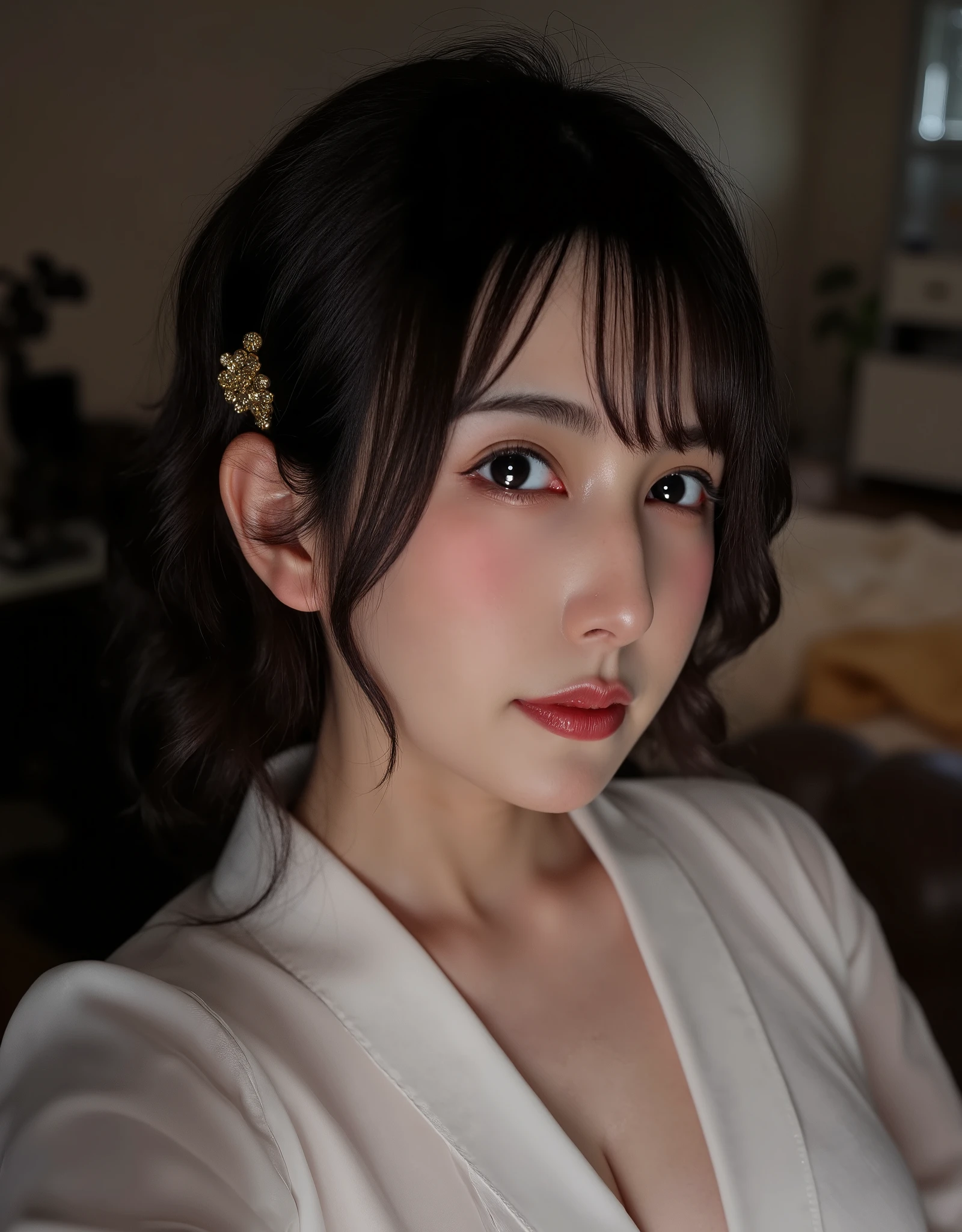 a young woman with a pale complexion and delicate features has curly black hair with a gold hairpin on the left side, she wears light pink blush on her cheeks and has soft, curled eyelashes accentuated by subtle makeup, the setting is dimly lit, featuring blurred background objects, making her face the focal point, her expression is serene, the image has a soft, almost dreamlike quality