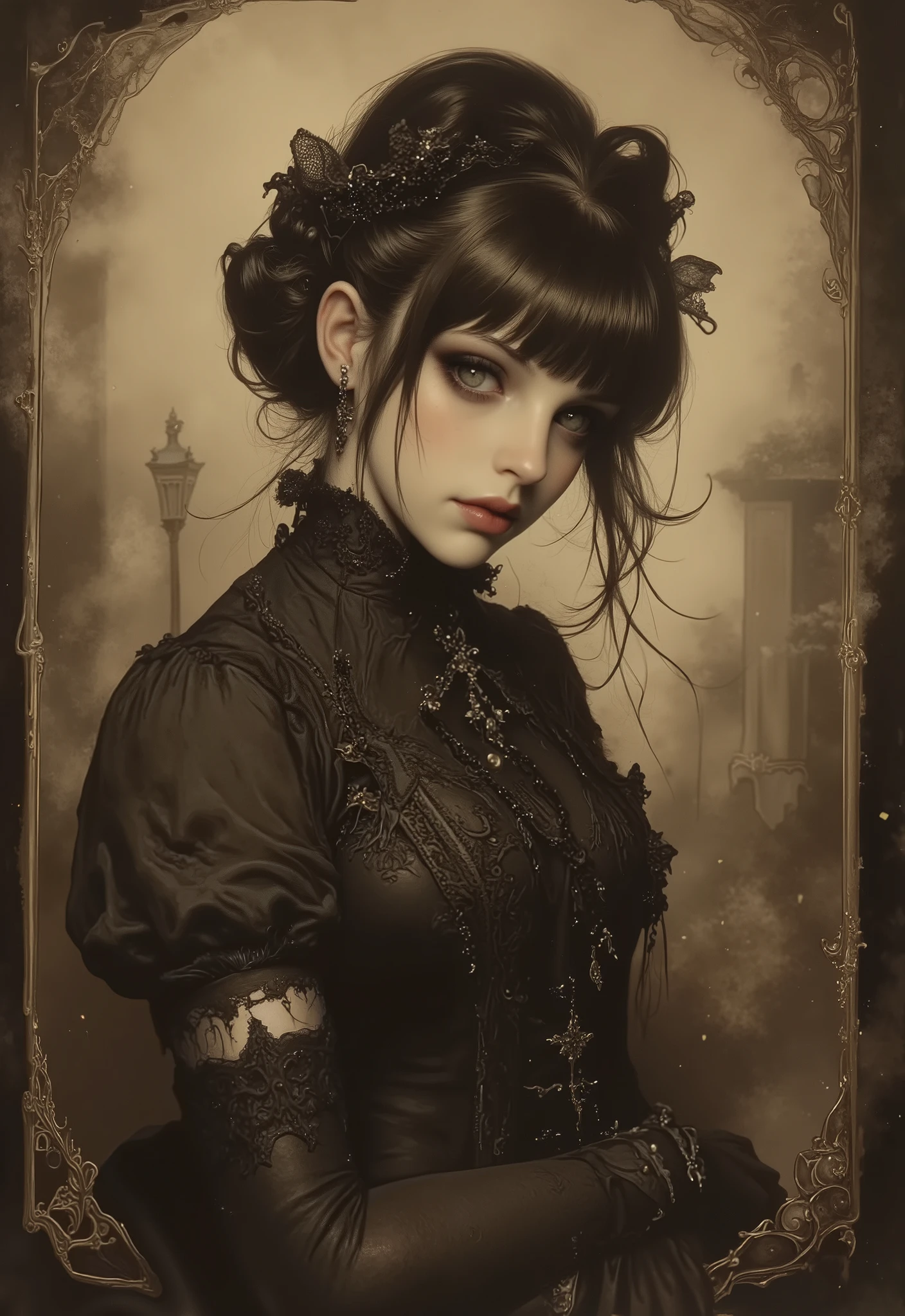 from side,portrait,beautiful girl,vicgoth, This is a sepia-toned, The scene is reminiscent of a Victorian-era photograph, with a haunting, supernatural atmosphere, dress,fantasy,