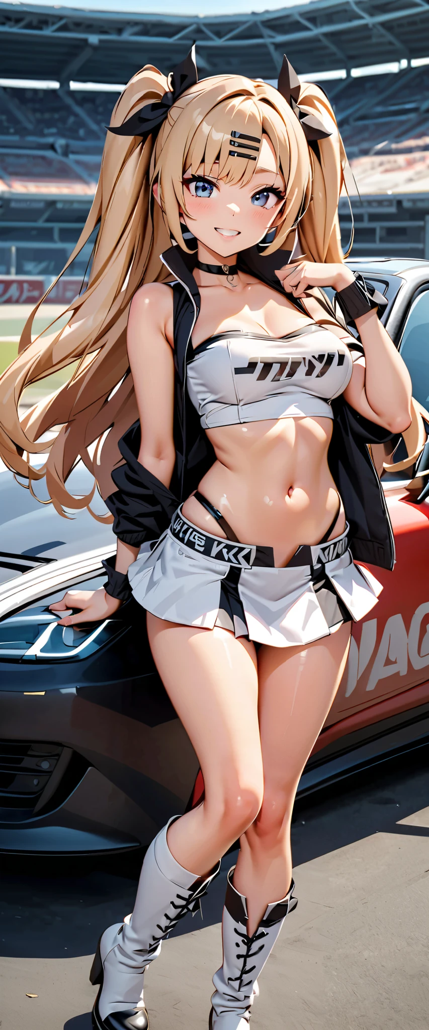 top quality, ultra high resolution, One person, small breasts, Black Choker, smile, exposes shoulders, focus only , Watch Viewers,Fair skin,Car racing track, photon mapping to viewers, physics-based rendering , RAW photos , Highly Detailed Background, K-pop Idol , depth of field, hair ornament, detailed face,輝く肌, game cg,whole body, shiny micro mini skirt ,shiny micro tube top,shiny knee-high long boots, Race Queen,Big Breasts, cute pose , sports car,Hold a jacket in your hand ,Gloss Lip